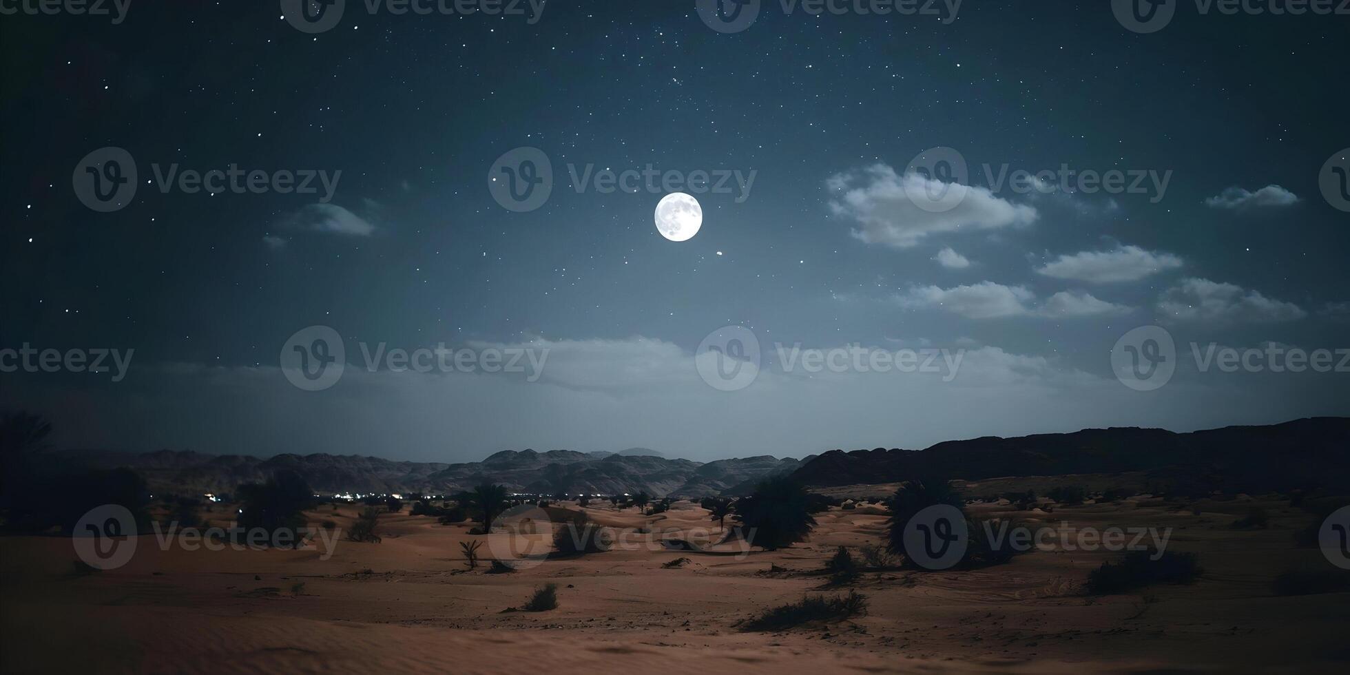 Desert Night Landscape Full Moon Stars Sand Dunes Mountains photo