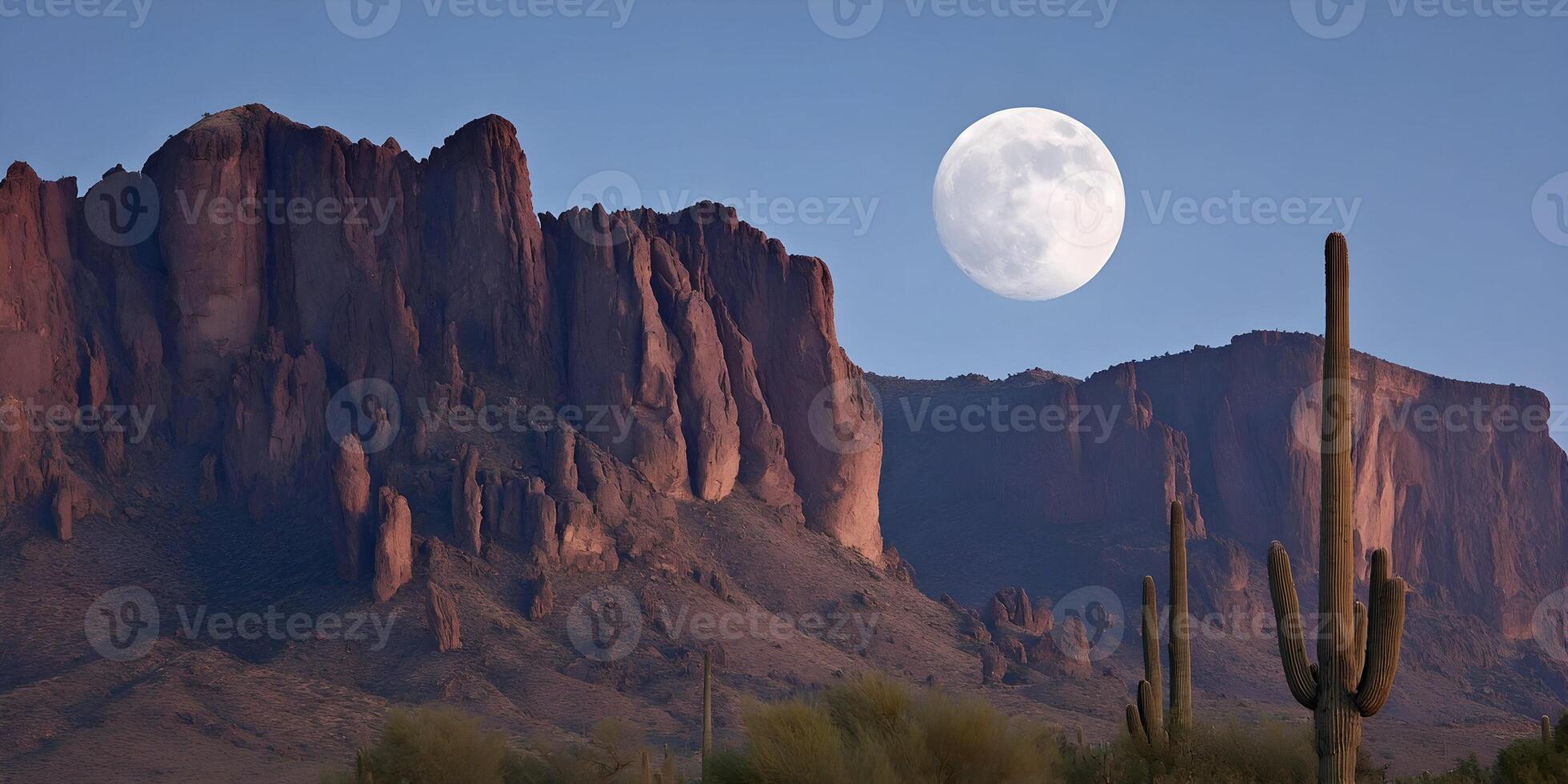 Arizona Mountains Full Moon Saguaro Cactus Desert Landscape photo