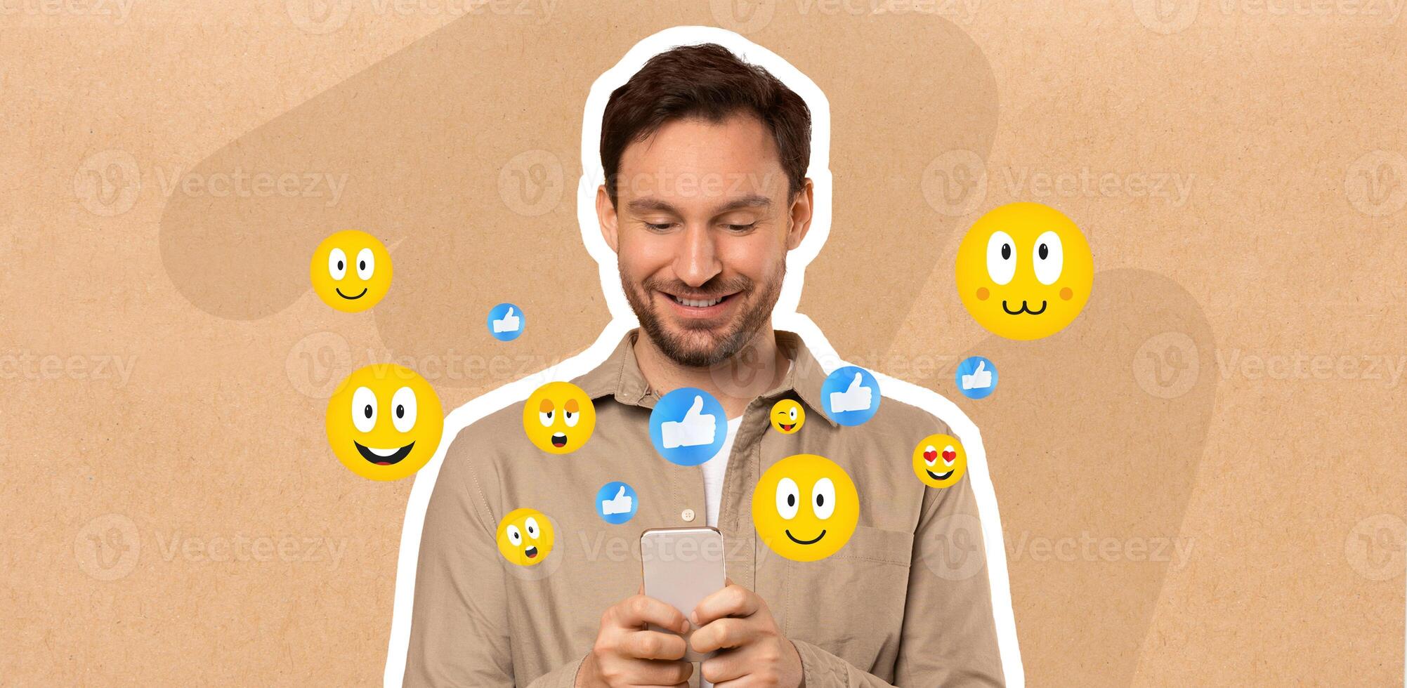 A man is joyfully texting on his smartphone, surrounded by vibrant emojis that depict happiness and engagement. He seems thrilled by the social media messages he is receiving. photo