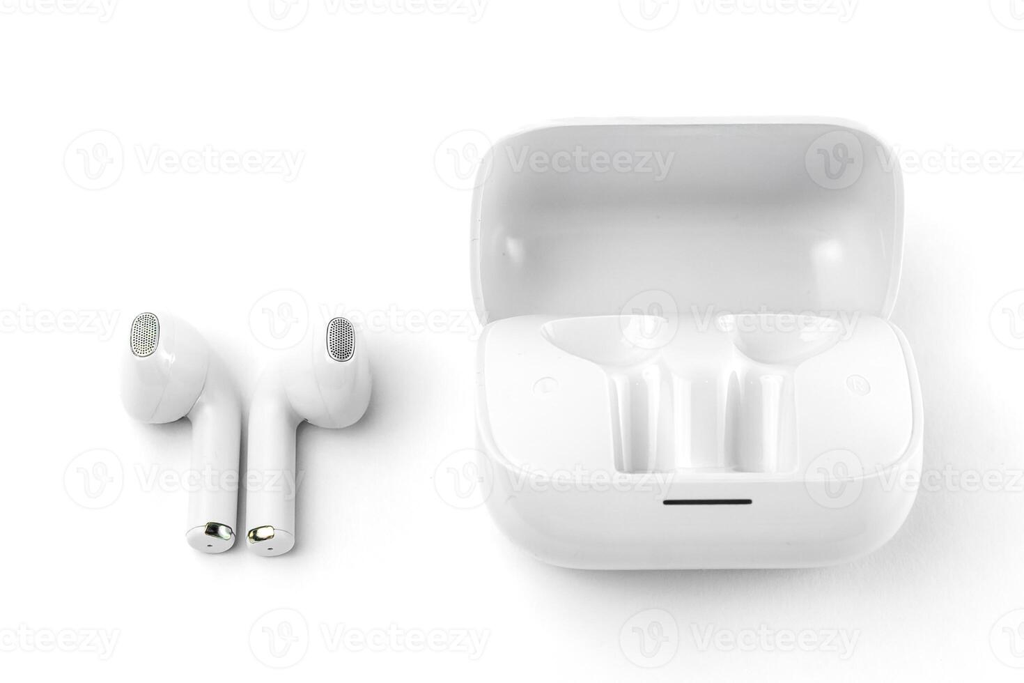 Modern white wireless earbuds with a matching charging case. Ergonomic fit, lightweight, and perfect for music, calls, gaming, and workouts with high-quality sound and noise isolation photo