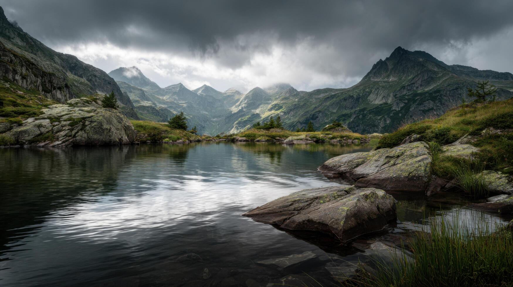 A Mountain Lake Reflecting A Stormy Sky photo