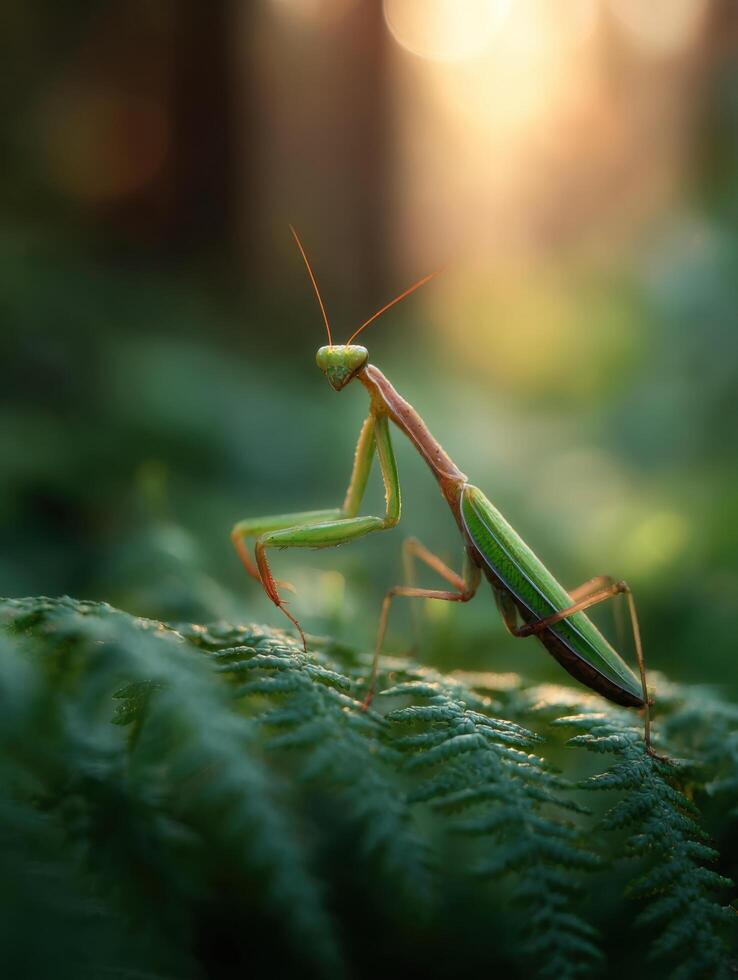 A Mute Hunter A Praying Mantis on a Fern Leaf photo