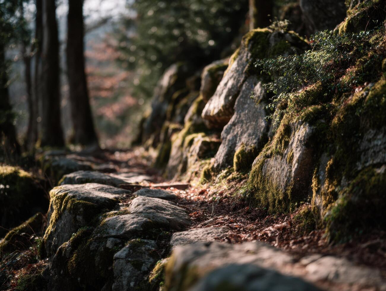 A Peaceful And Timeless Forest Path Through A Rocky Outcrop photo