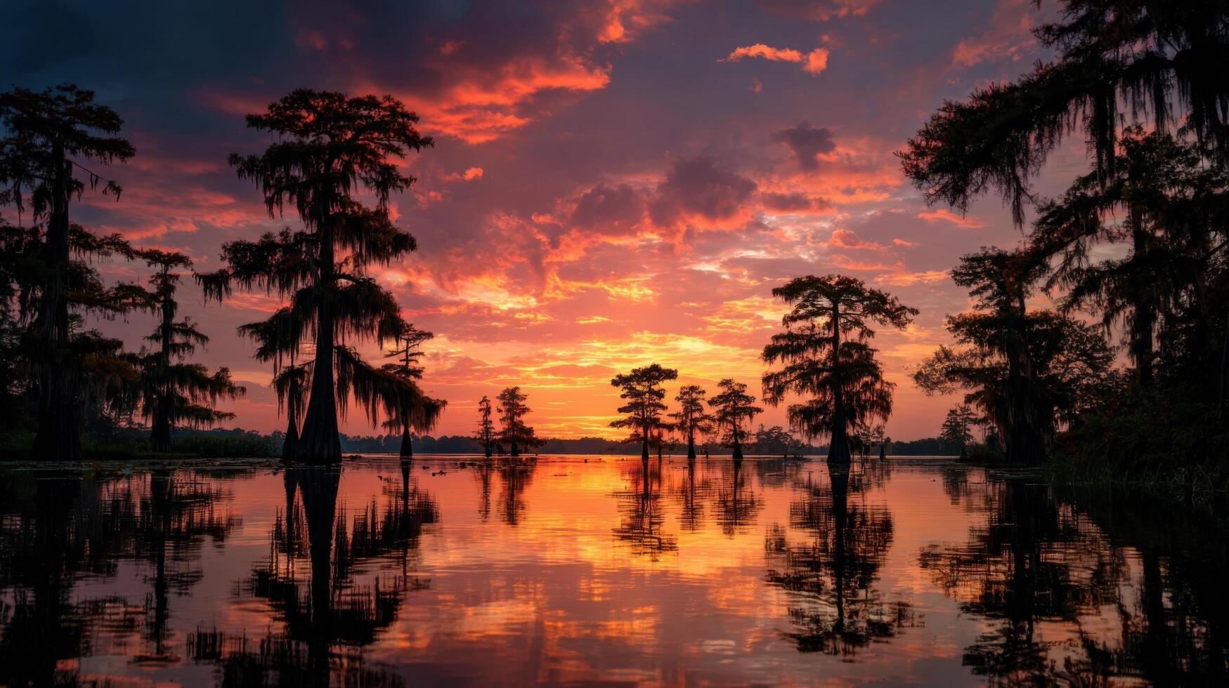 A Mystical Swamp At Sunset With An Ethereal Glow photo