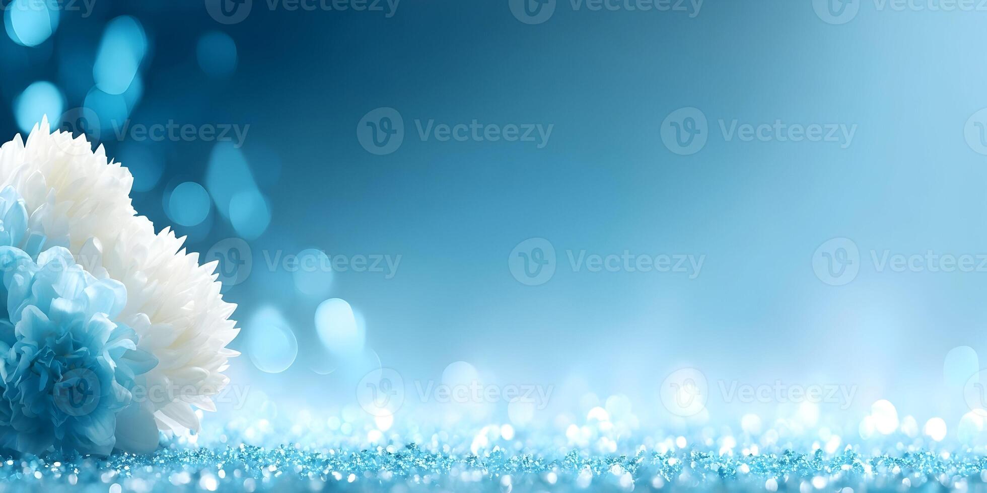 Blue and White Flowers on Glittering Background Elegant Floral Design photo