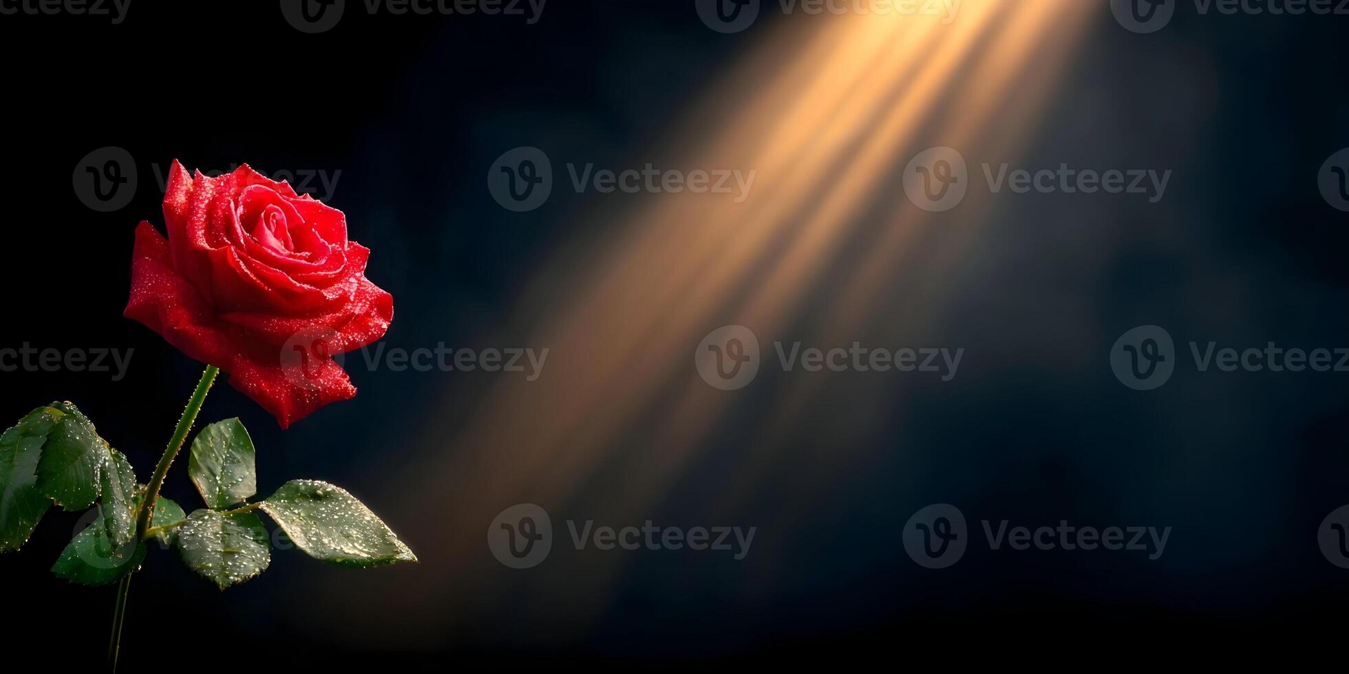 Single Red Rose with Dew Drops Illuminated by Golden Light Dark Background photo