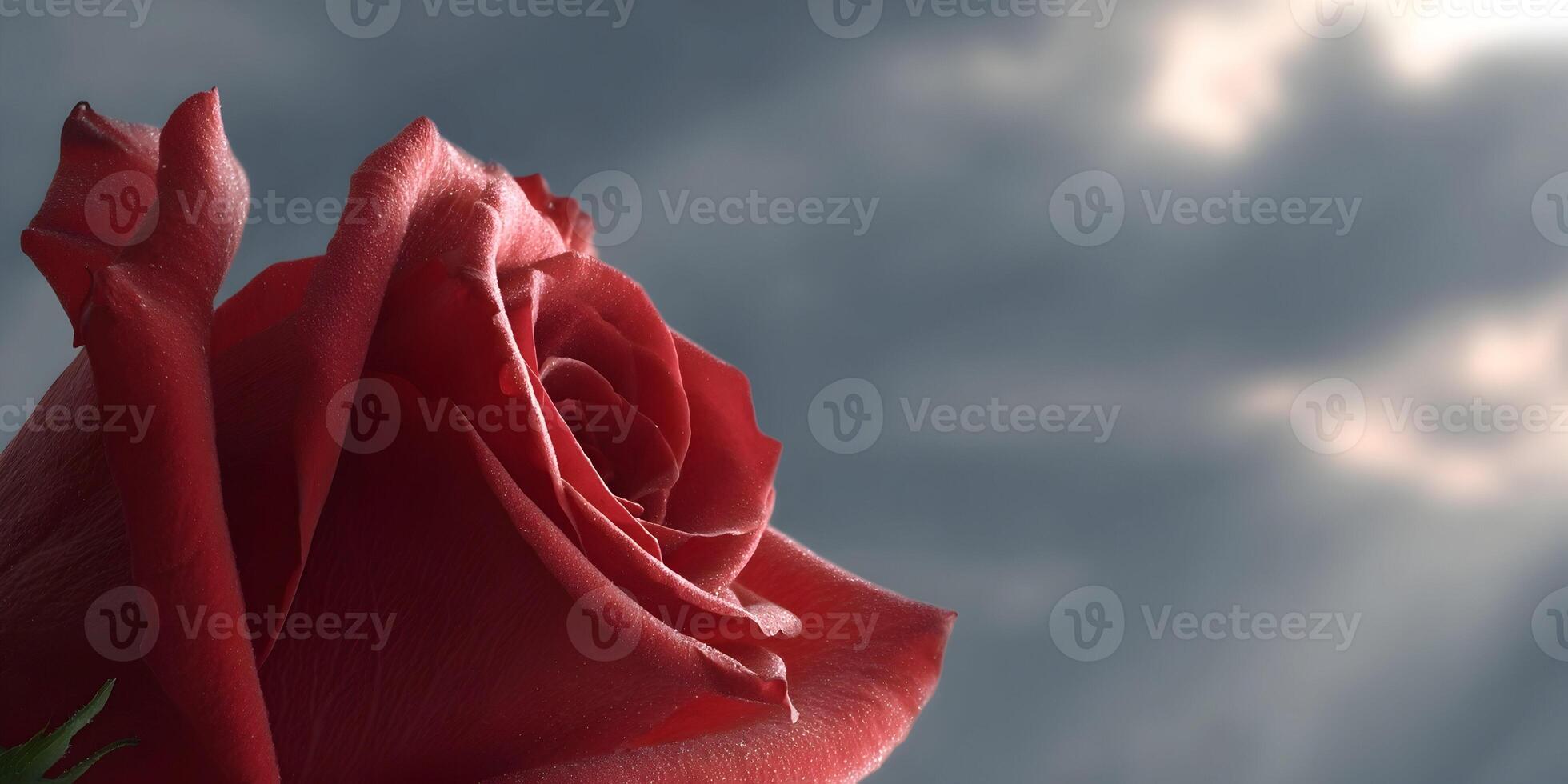 Closeup Red Rose Dew Drops Cloudy Sky Background photo