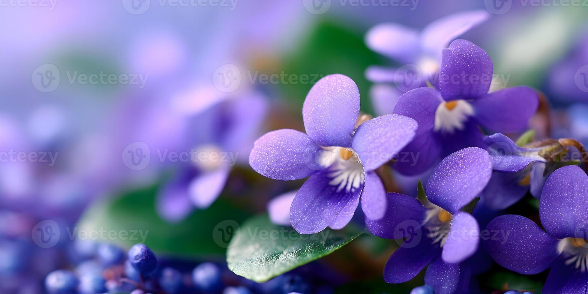 Closeup Purple Wood Violets Flowers Dew Drops Macro Photography photo
