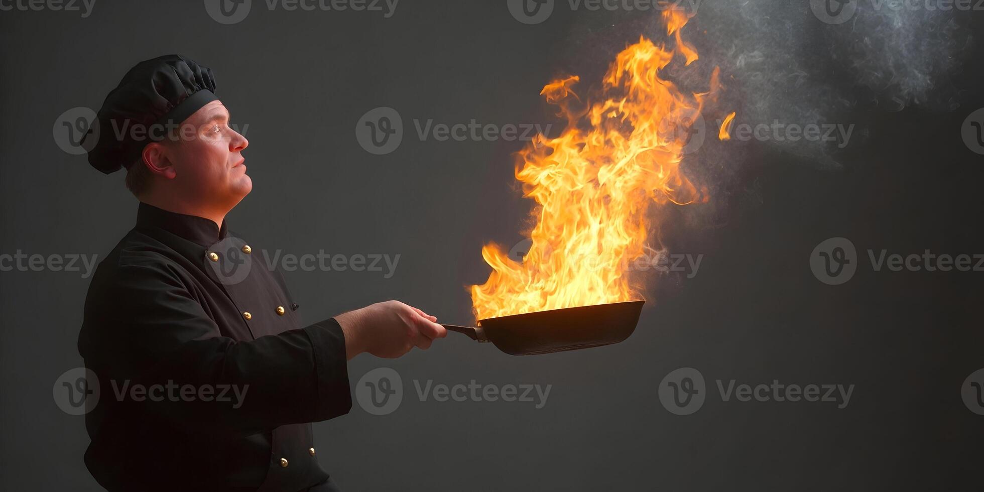 Chef in Black Uniform Holding Flaming Pan Cooking Show Restaurant Food photo