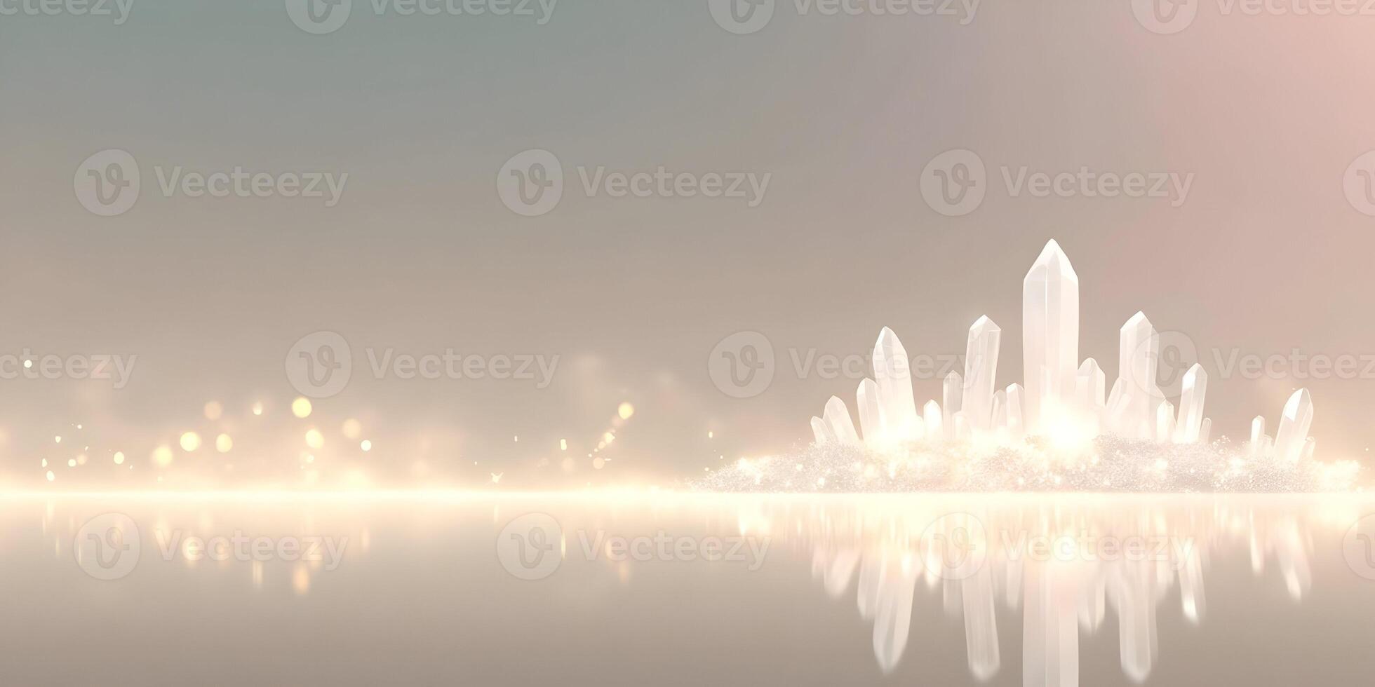 Glowing Crystal Cluster on Reflective Surface with Sparkles photo
