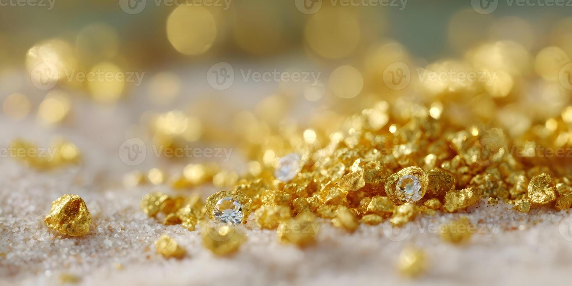 Gold Nuggets Diamonds Pile Sand Background Luxury Wealth Precious Stones photo