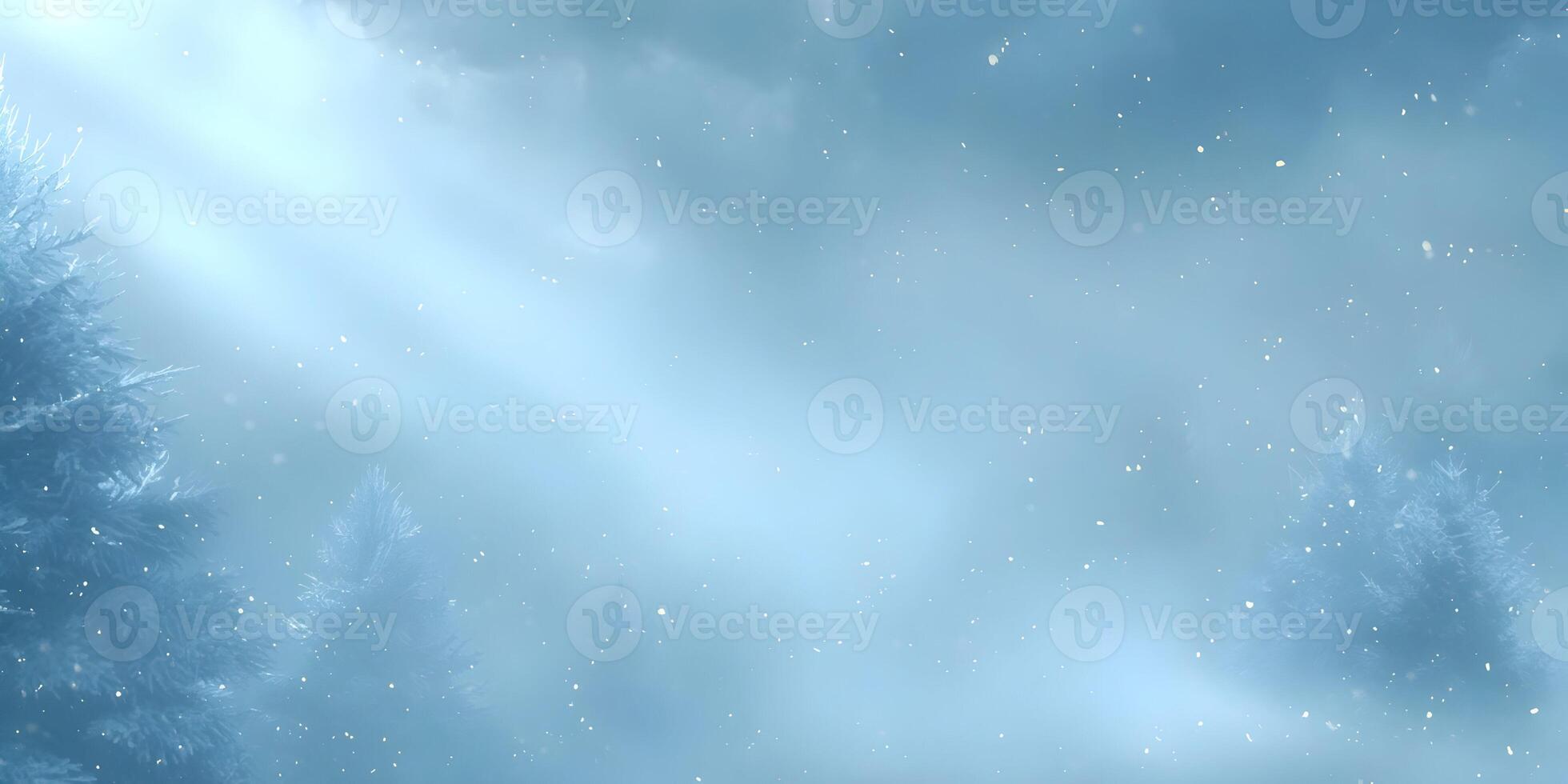 Snowy Winter Scene Blue Mist Frozen Trees Light Rays photo