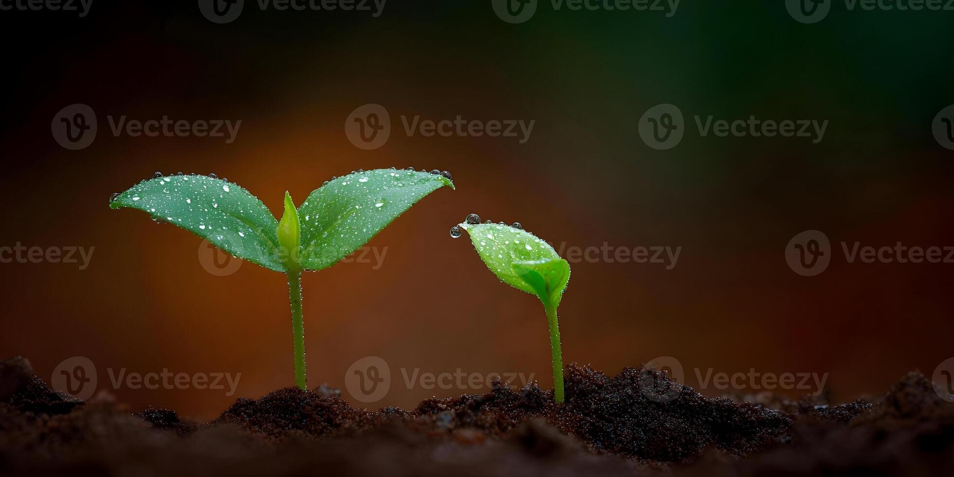 Two Small Seedlings Growing in Dark Soil with Water Droplets photo
