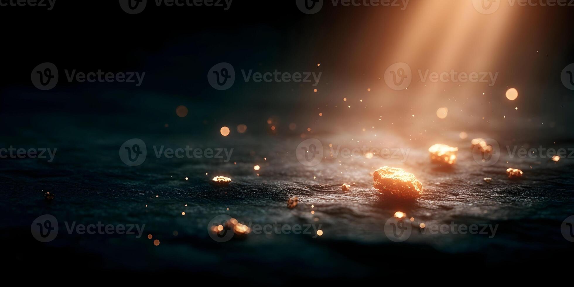 Golden Nuggets on Dark Surface Illuminated by Light photo