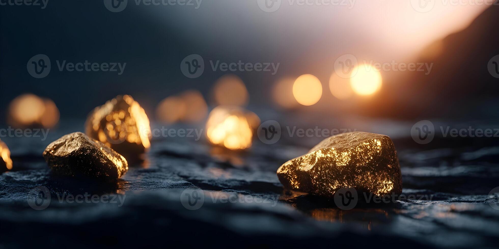 Golden Nuggets on Dark Rock Surface Sunset Background photo