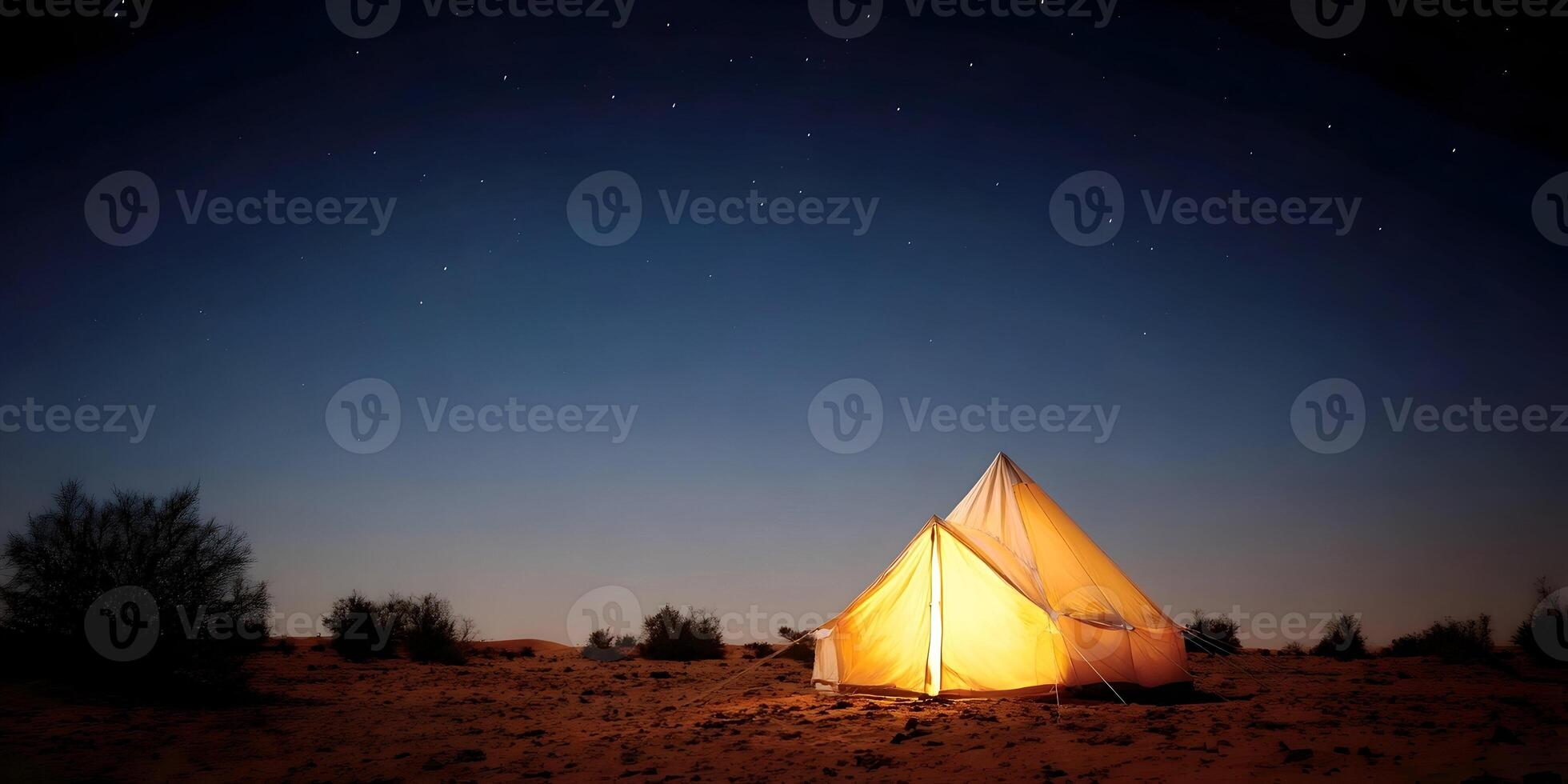 Illuminated Desert Tent Night Camping Scene Starry Sky Landscape photo