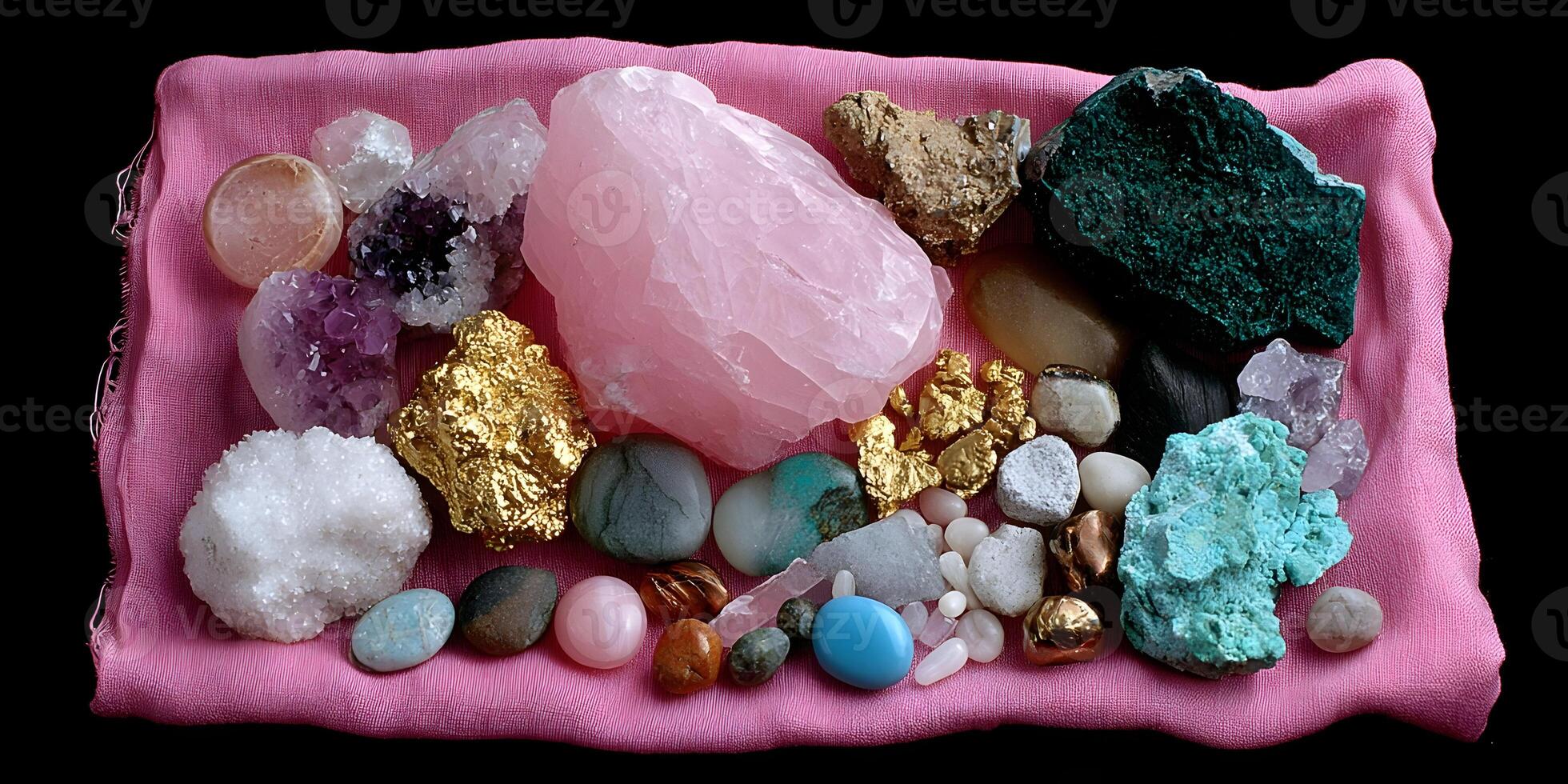 Pink Rose Quartz Gold Nuggets Amethyst Turquoise Gemstones Mineral Collection on Pink Fabric photo
