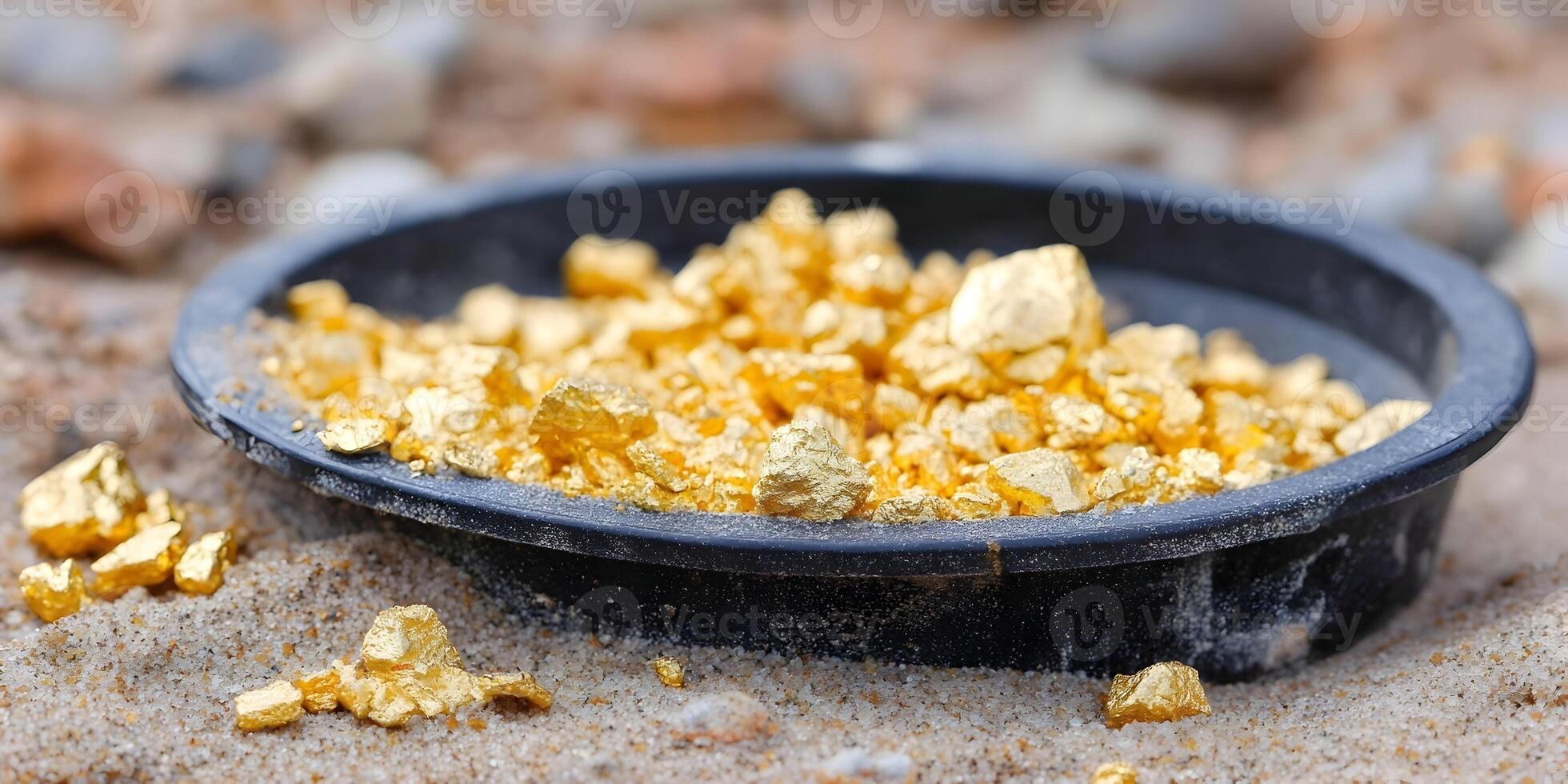 Gold Nugget Pile in Black Pan on Sand Beach photo