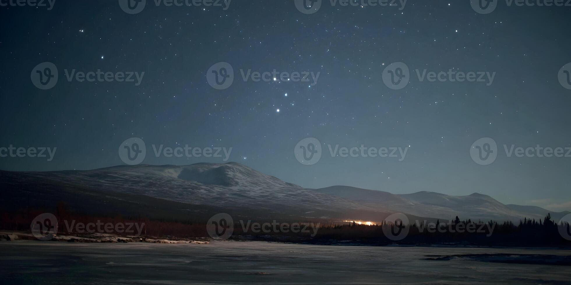 Night Landscape Snow Covered Mountains Starry Sky Frozen Lake photo