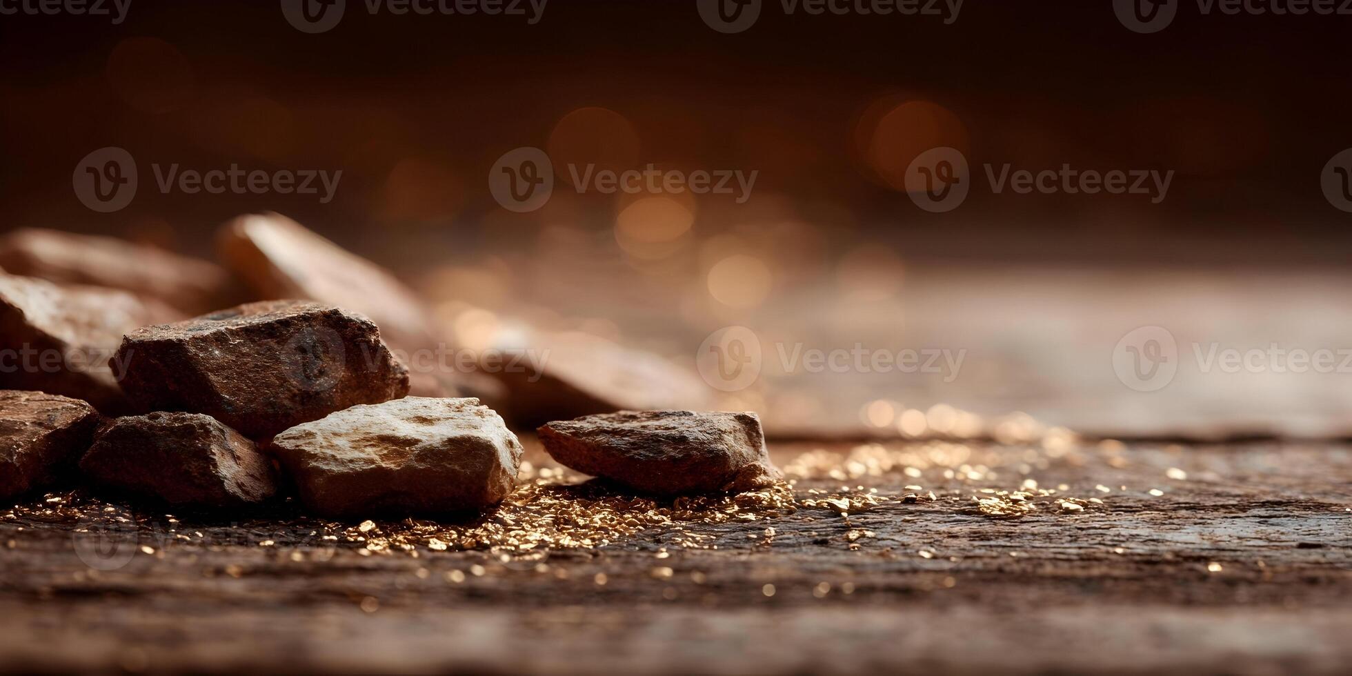 Brown Rocks Gold Glitter Wooden Surface Background photo