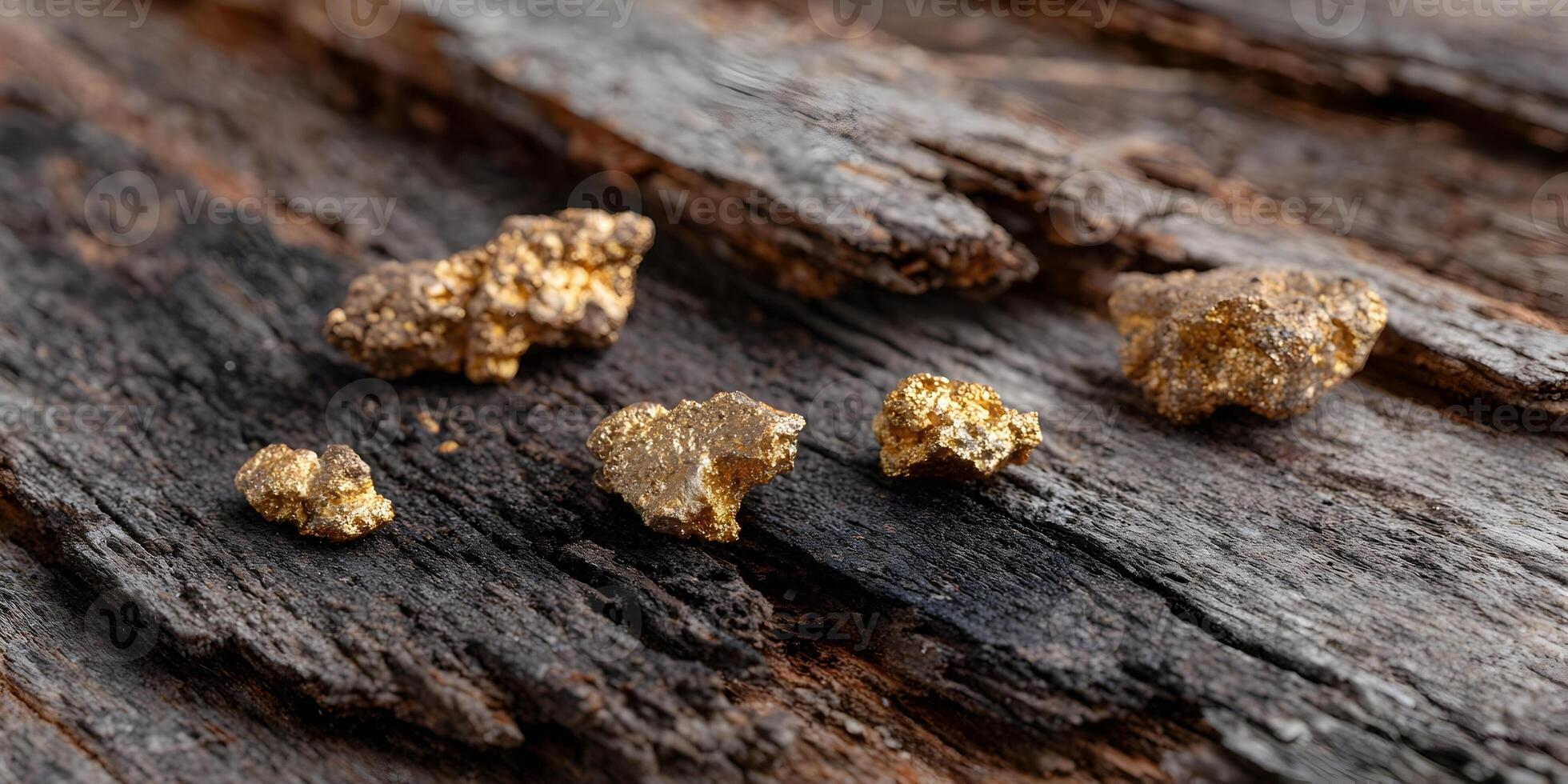 Gold Nugget Samples on Rustic Wood Background photo