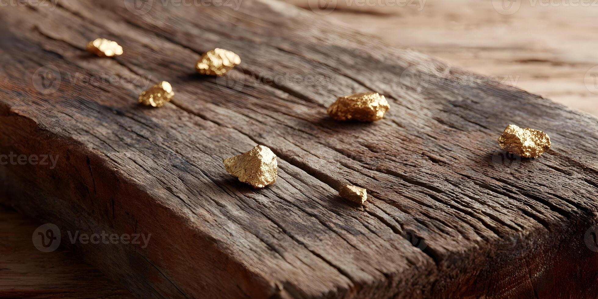 Gold Nuggets on Rustic Wooden Board Closeup Photography photo
