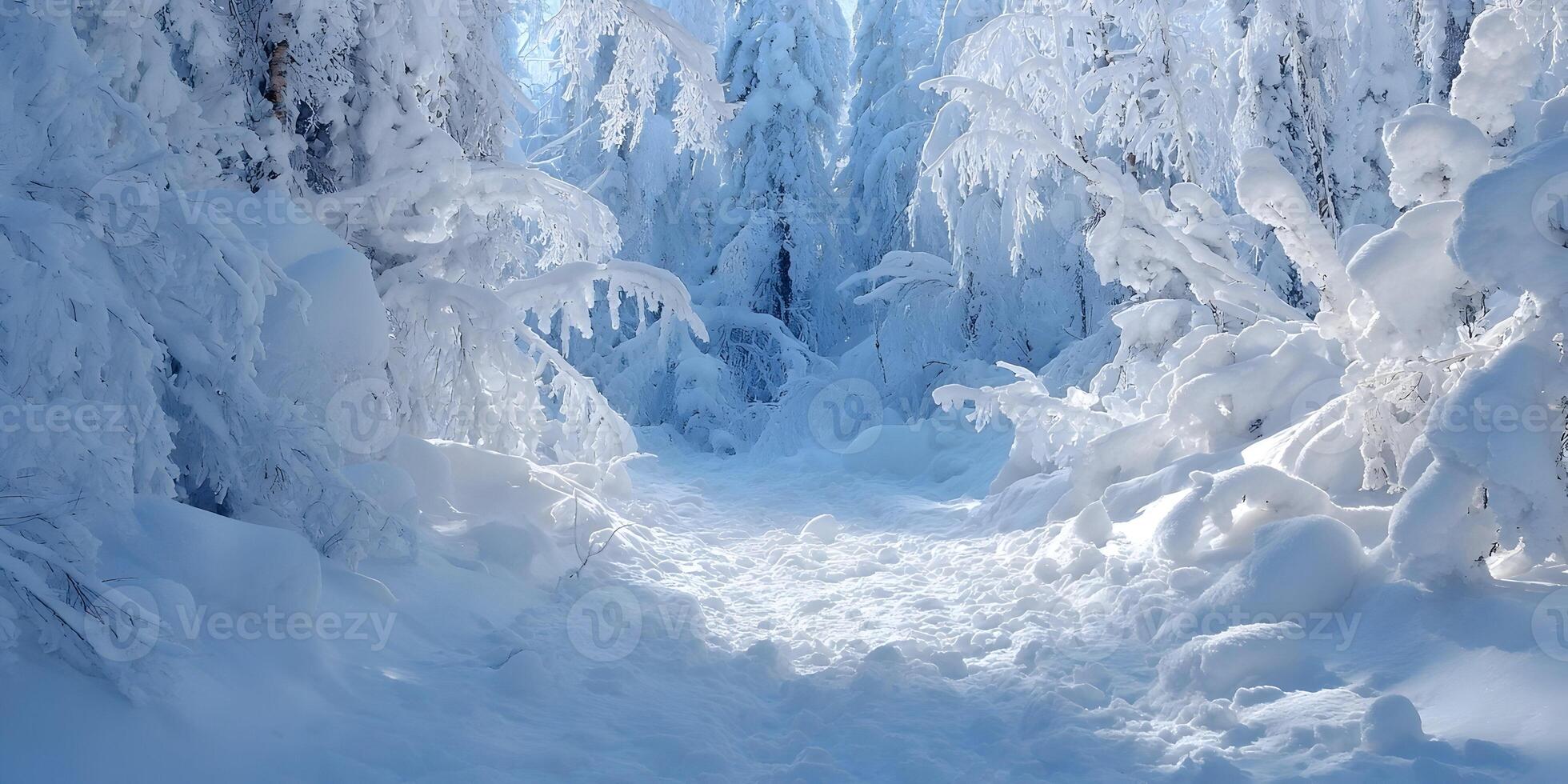 Snowy Path Through Winter Forest Snow Covered Trees Cold Season Landscape photo