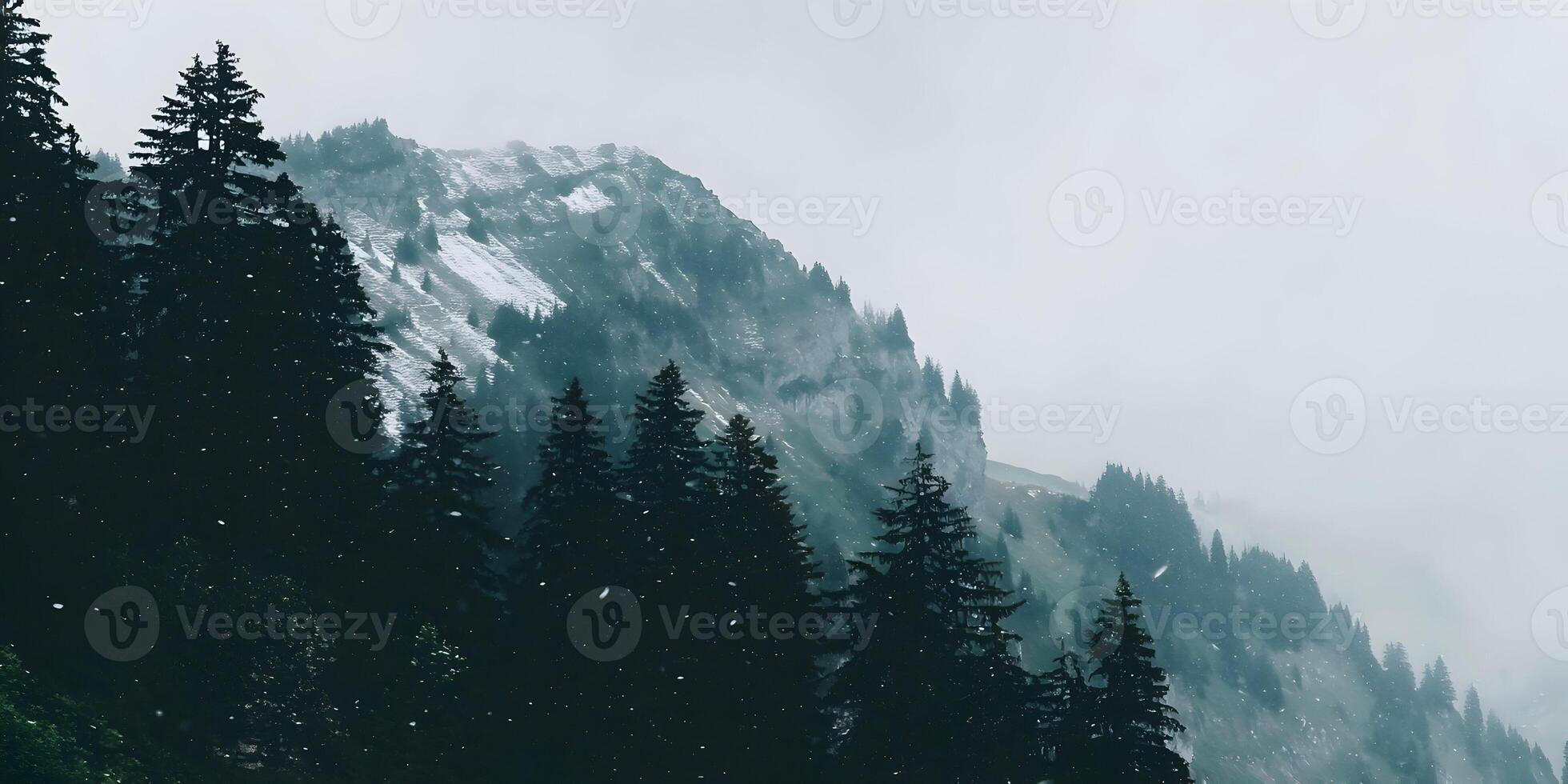 Snow Falling on Mountain with Evergreen Trees photo