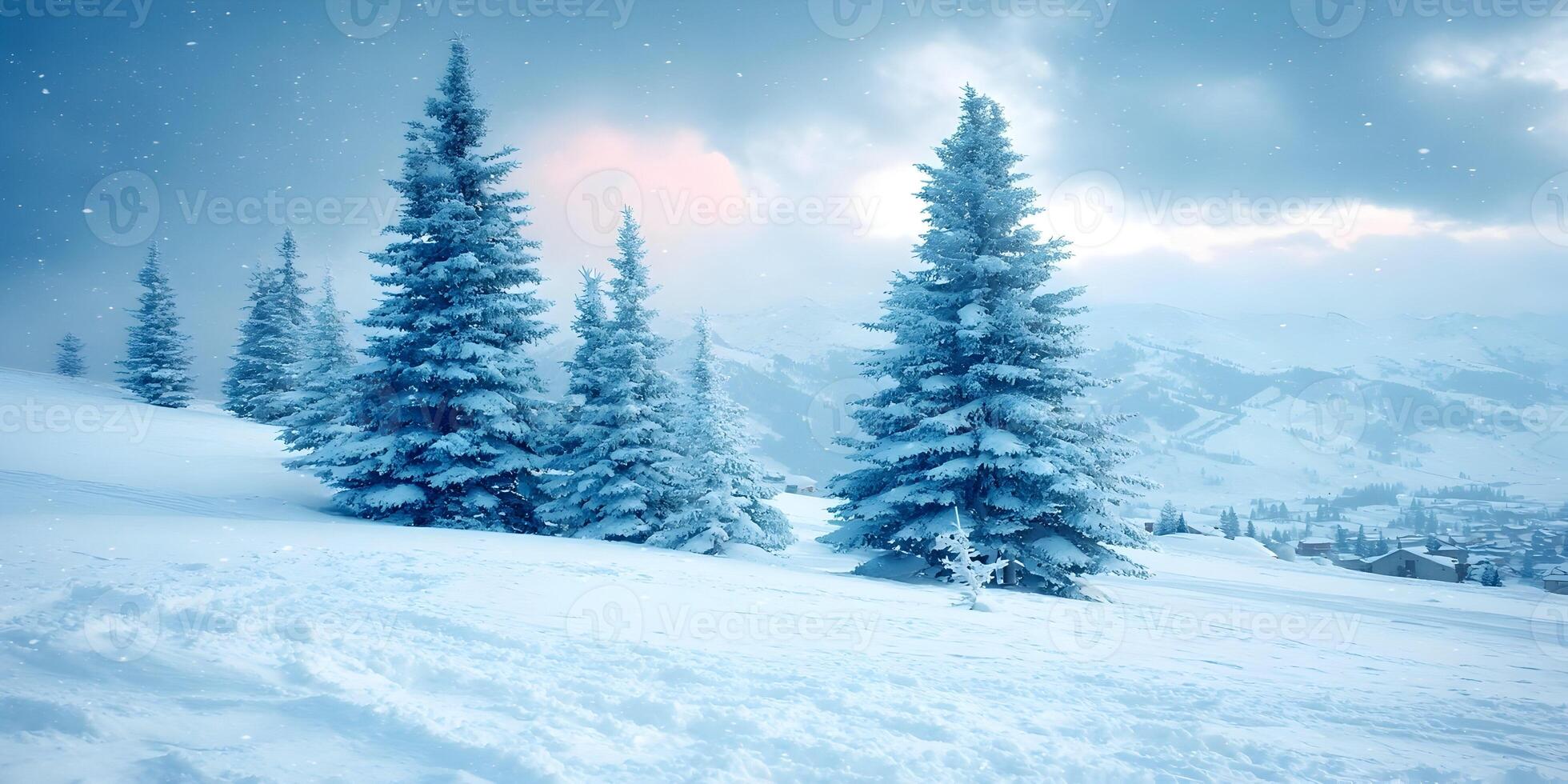 Snowy Mountain Landscape with Fir Trees Winter Scene photo