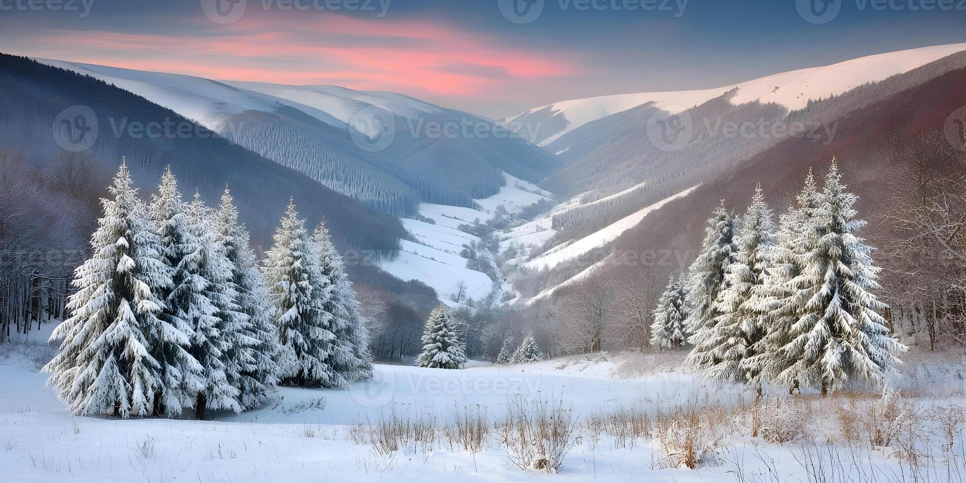 Snowy Mountain Valley Winter Landscape with Fir Trees Pink Sky photo