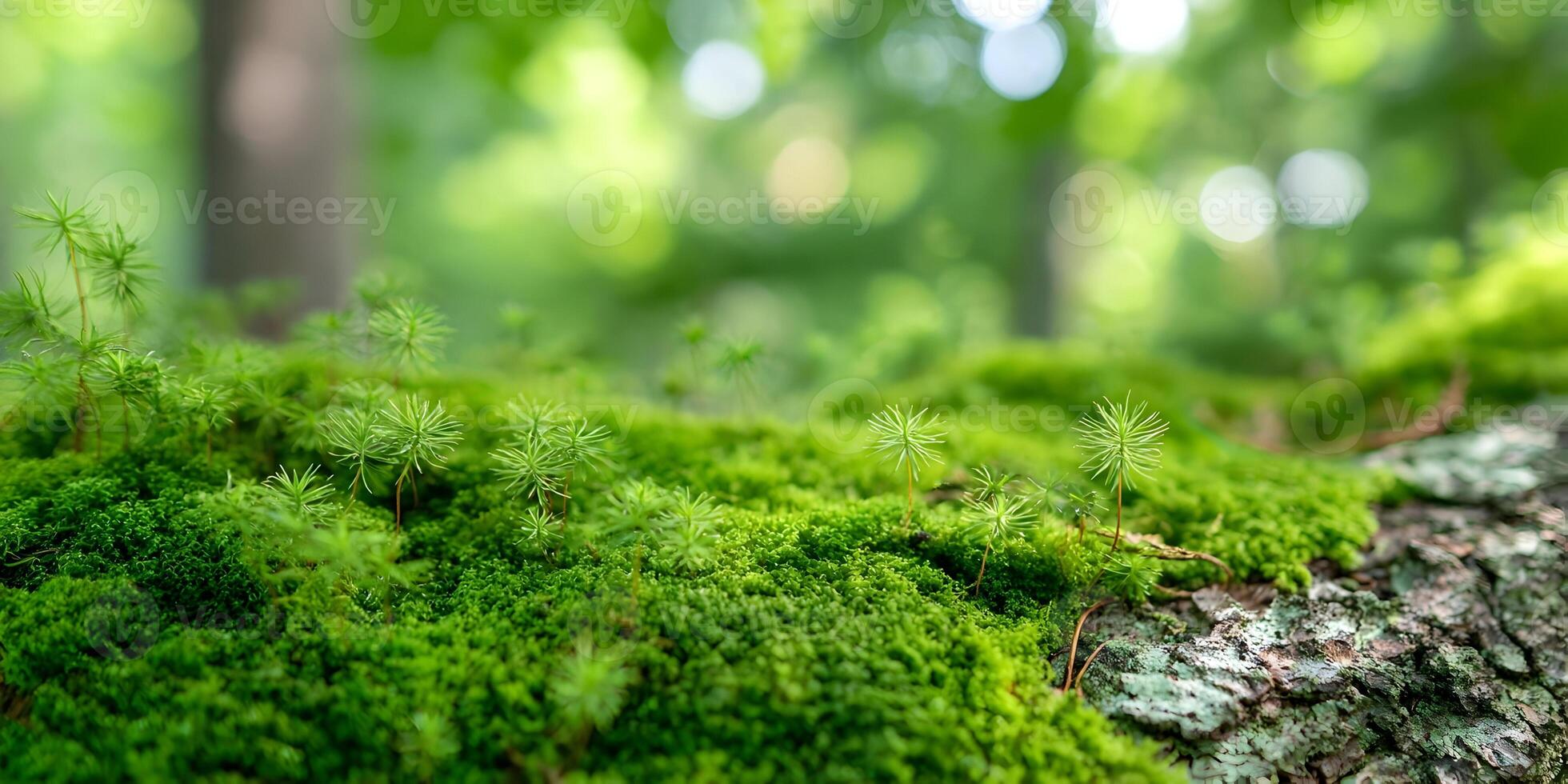 Closeup of Lush Green Moss with Small Pine Seedlings on Tree Bark in Forest Setting photo