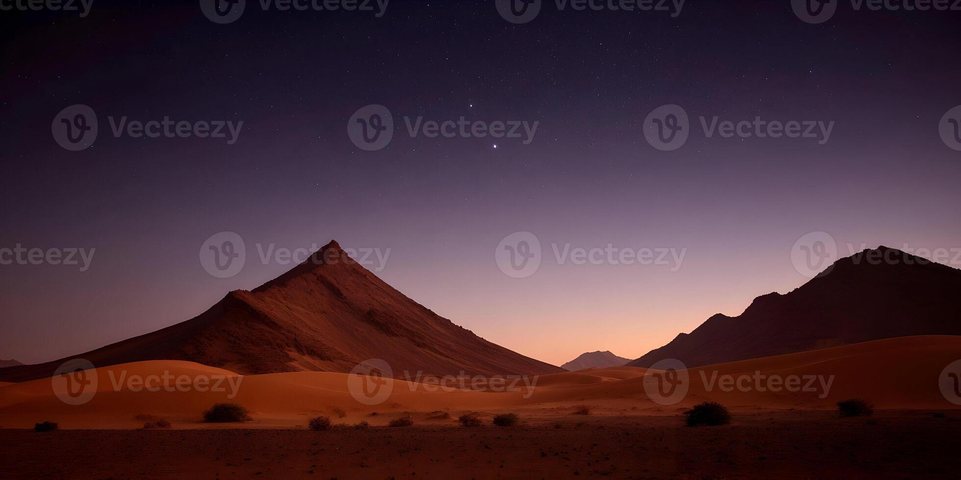 Desert Landscape Night Scene Starry Sky Red Sand Dunes Mountains photo