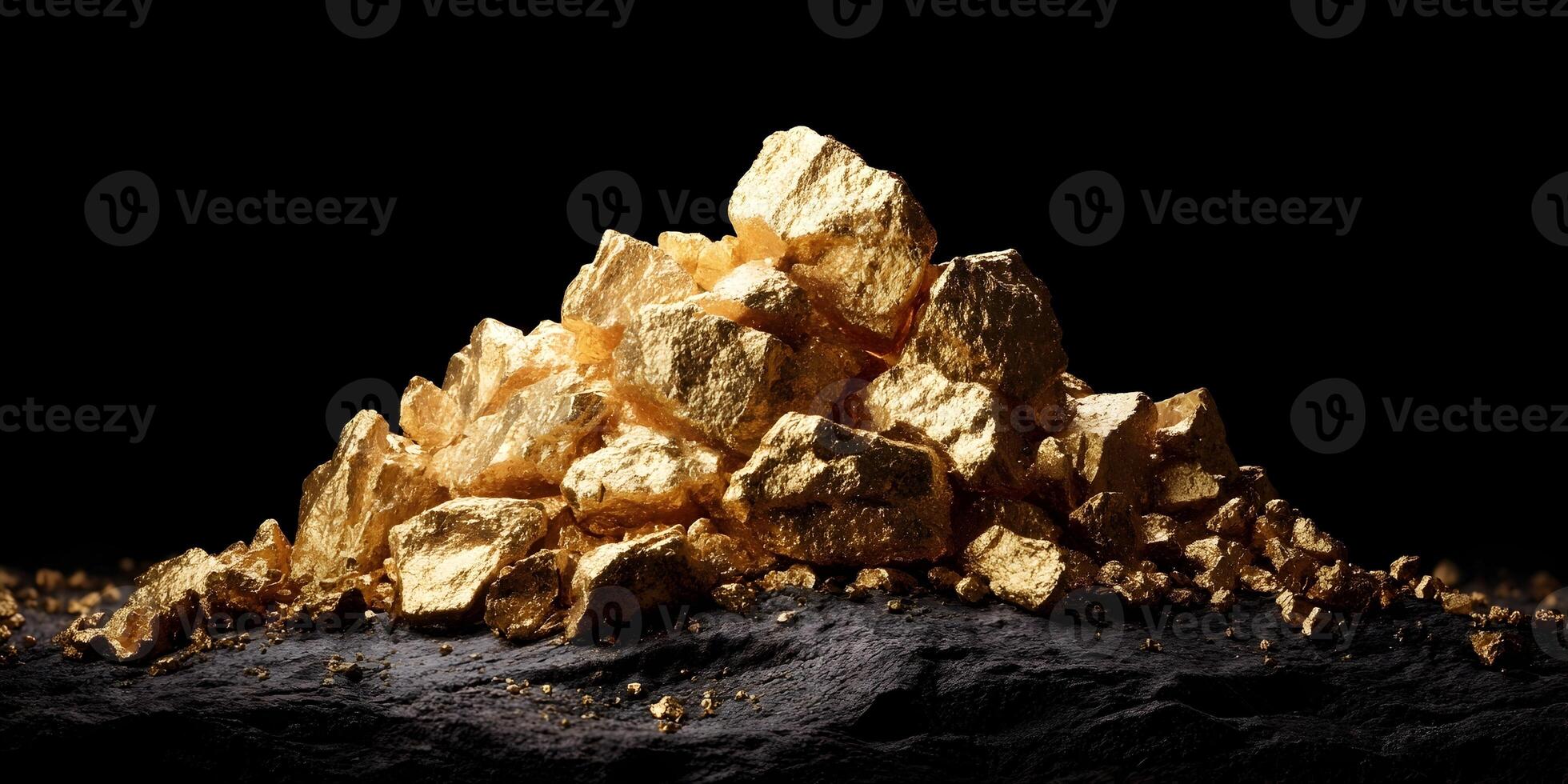 Golden Nuggets Pile on Dark Rock Rich Gold Treasure Wealth Concept photo