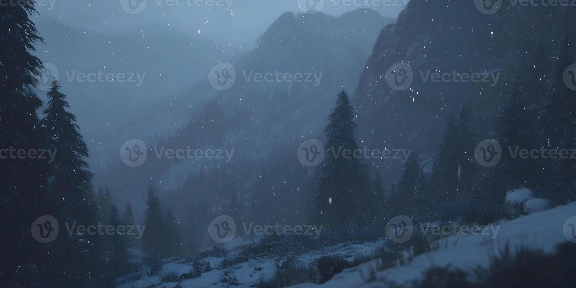 Snowy Mountain Landscape Winter Night Scene Snow Falling Coniferous Trees photo