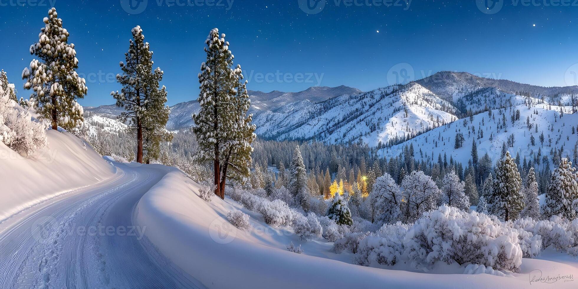 Snow Covered Mountain Road Winter Landscape Night Scene photo