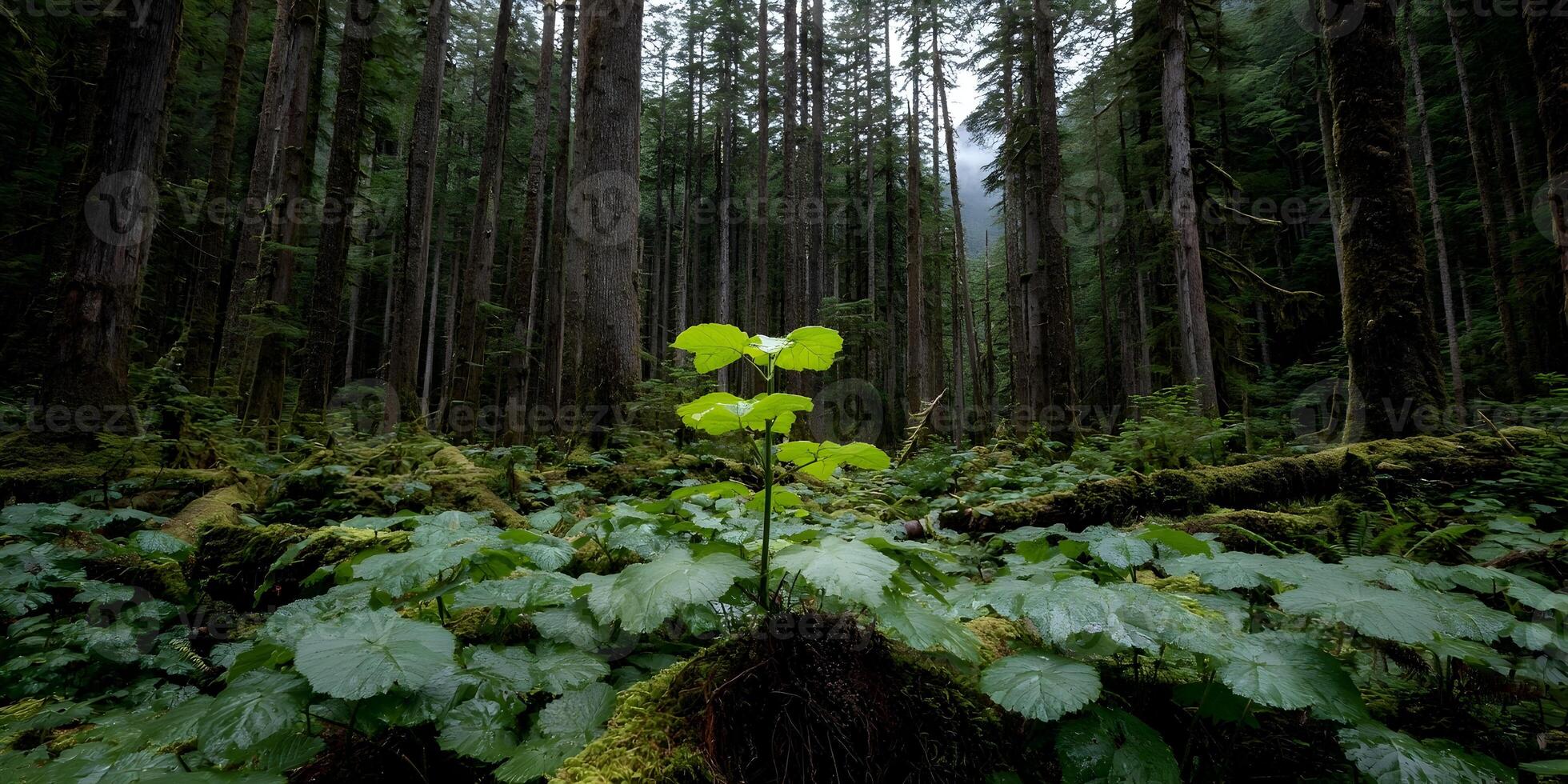 Young Plant Growing in Lush Rainforest Forest Tall Trees Mossy Ground photo