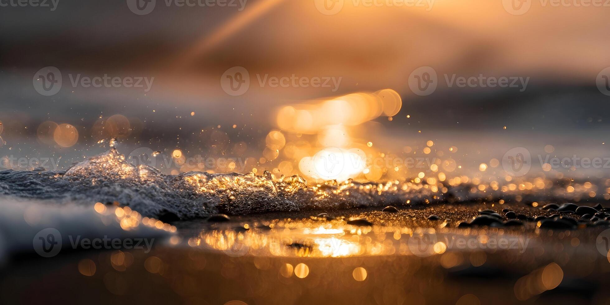Golden Hour Ocean Waves Crashing on Pebbles Beach Sparkling Water Sunset Scene photo