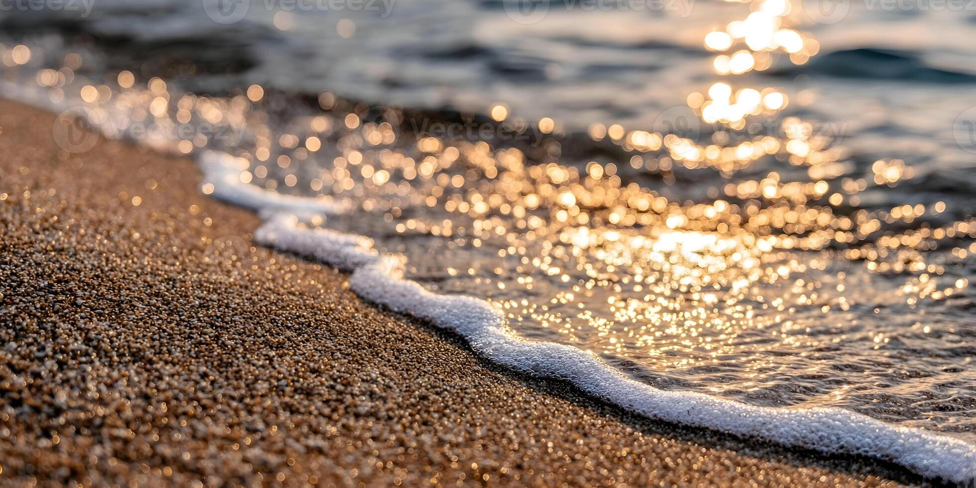 Golden Hour Beach Wave Sand Texture Closeup Sparkling Water Foam photo