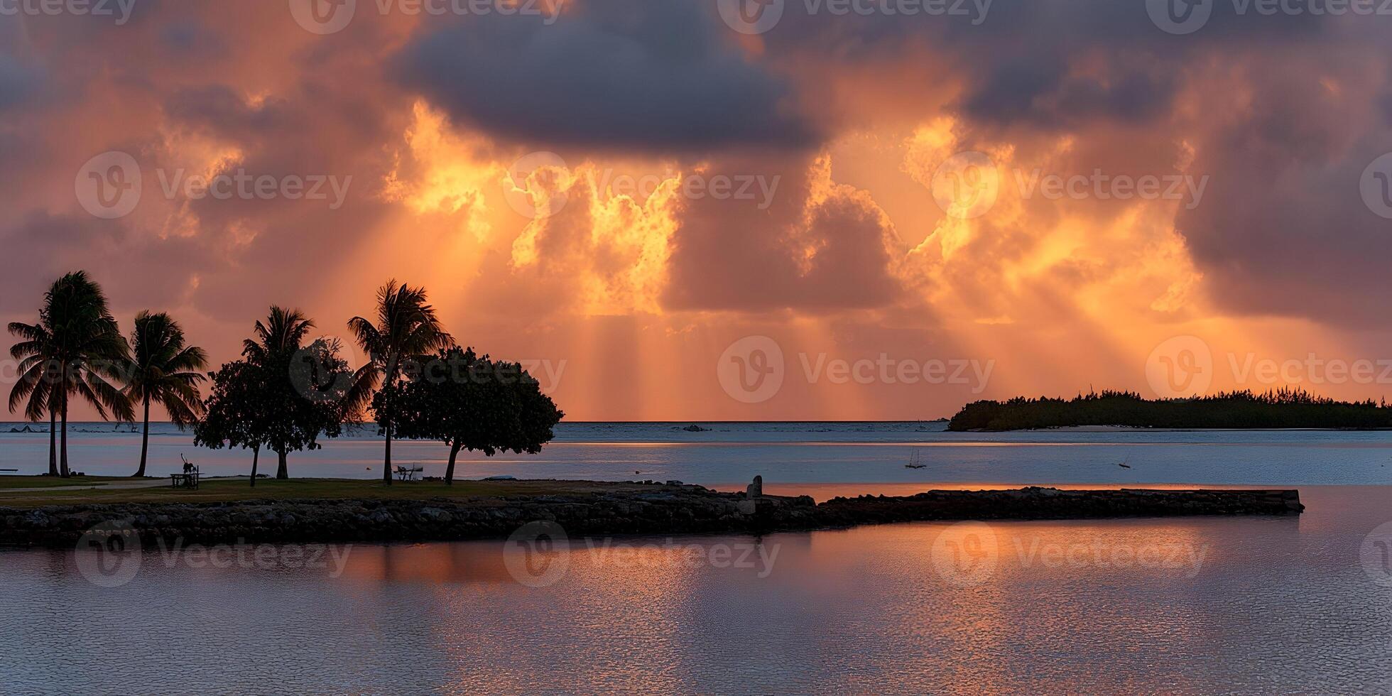 Tropical Island Sunrise Palm Trees Ocean Dramatic Sky Orange Colors photo