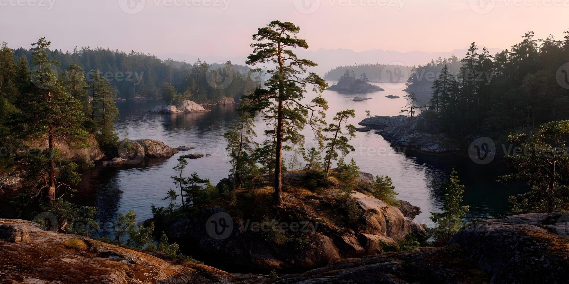 Majestic Pine Tree on Rocky Island in Calm Bay Surrounded by Lush Evergreen Forest photo