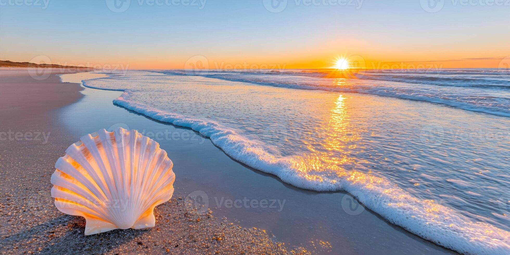 Sunrise Beach Scene with Large Seashell on Sandy Shore Ocean Waves Golden Light photo