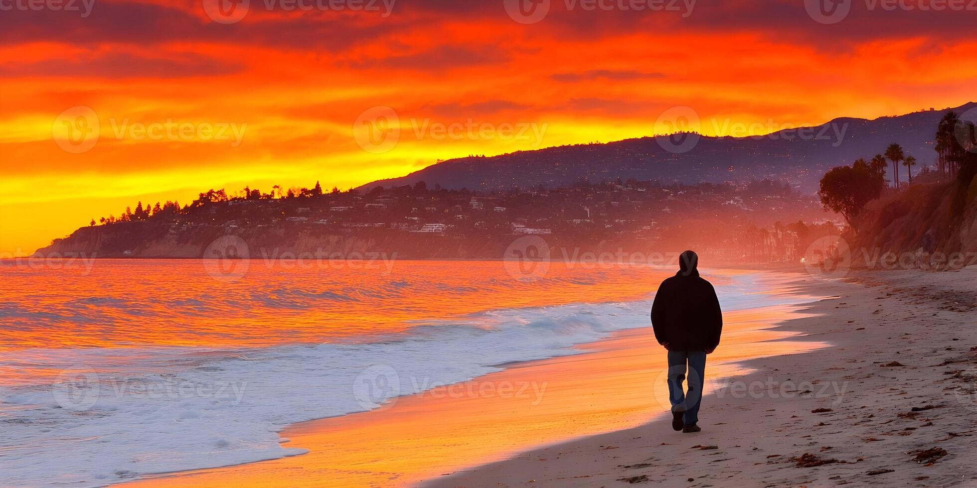 Man Walking Beach Sunset Dramatic Sky Orange Coastal Town photo