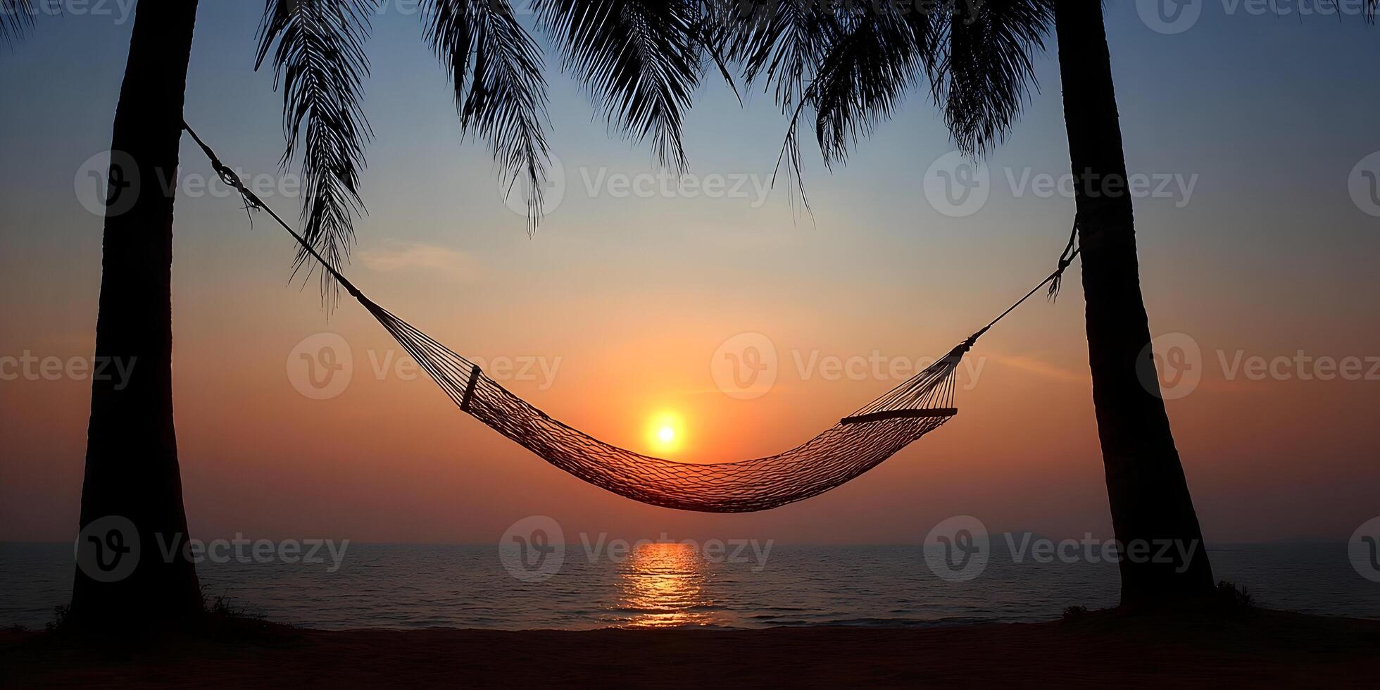 Sunset Beach Hammock Scene Tropical Ocean Palm Trees Idyllic Relaxation Summer Vacation Holiday Paradise photo