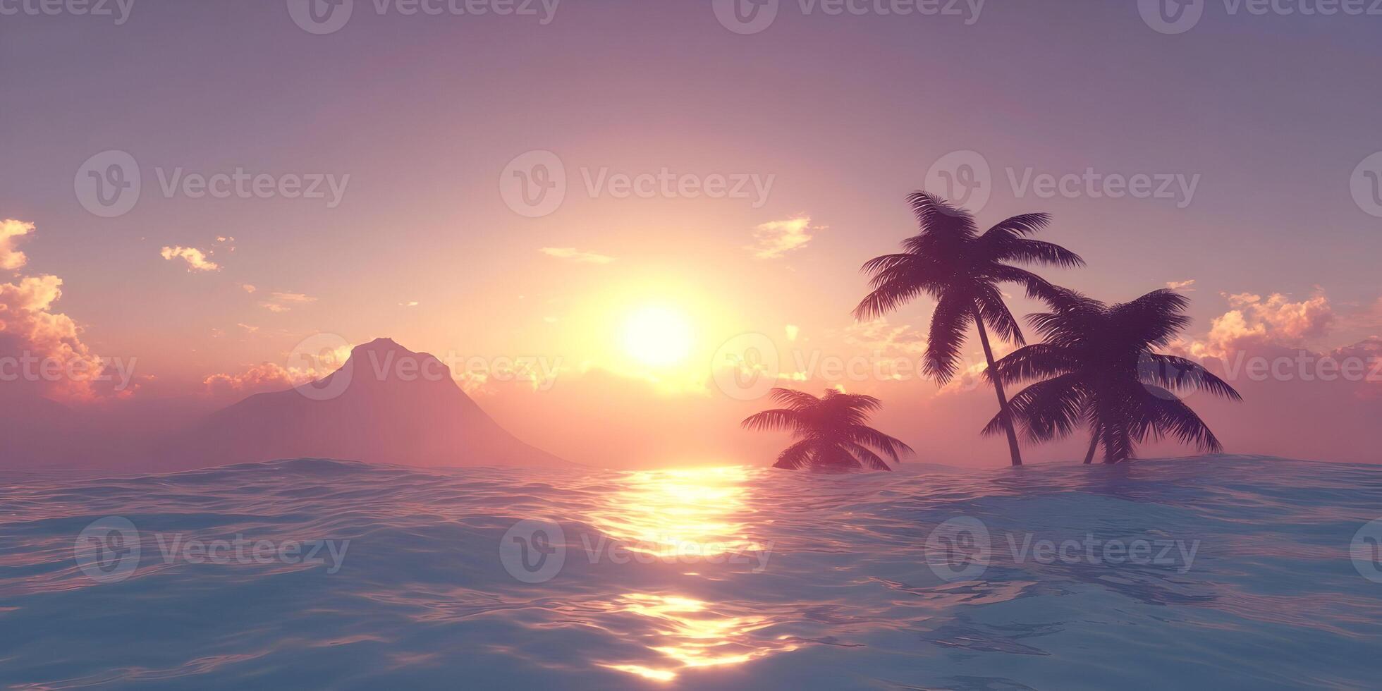 Ocean Sunset Scene with Palm Trees and Mountain Silhouette photo