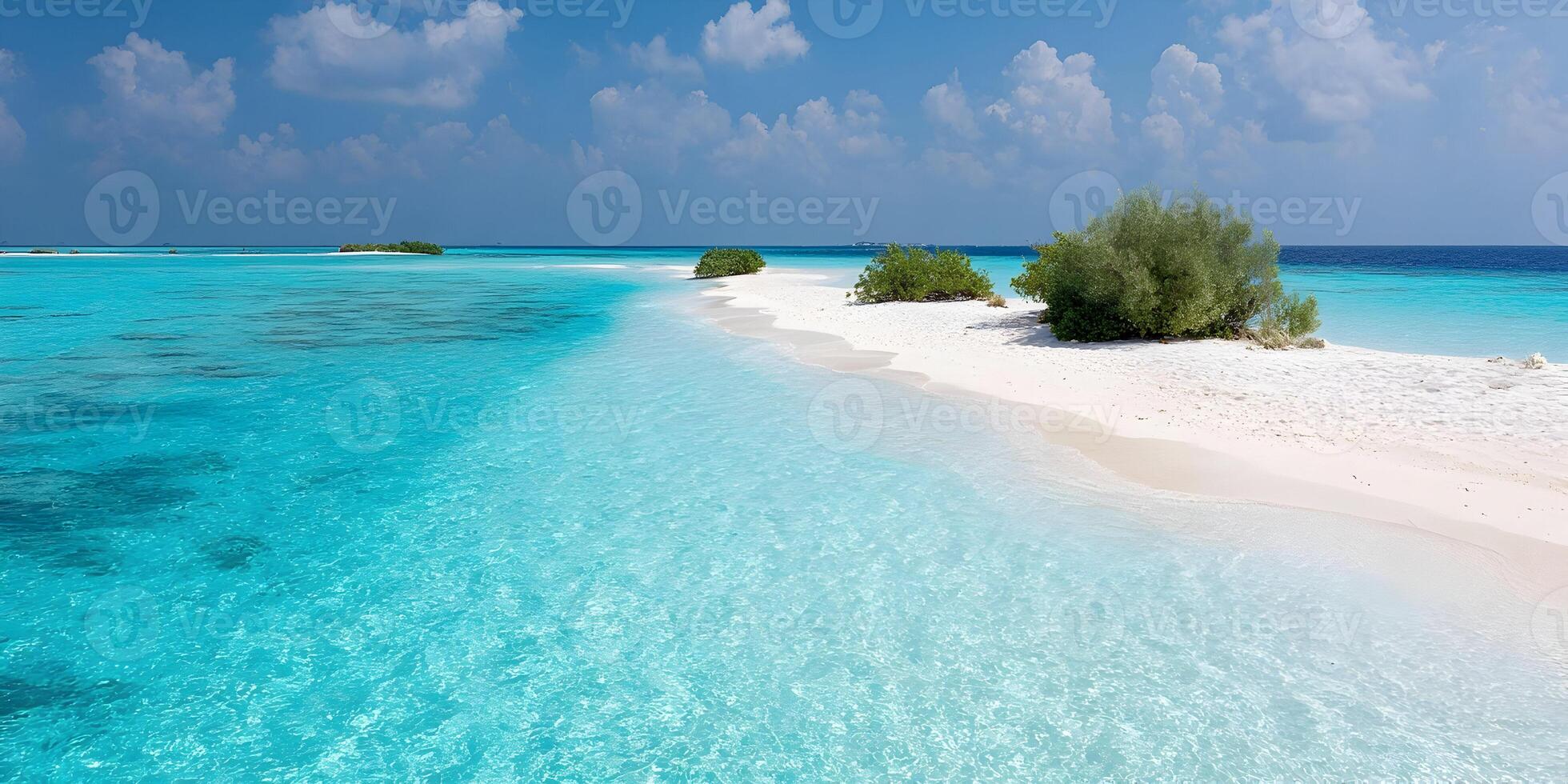 Tropical Island Beach Scene Clear Turquoise Water White Sand Lush Green Vegetation Sunny Day Idyllic Paradise Seascape photo