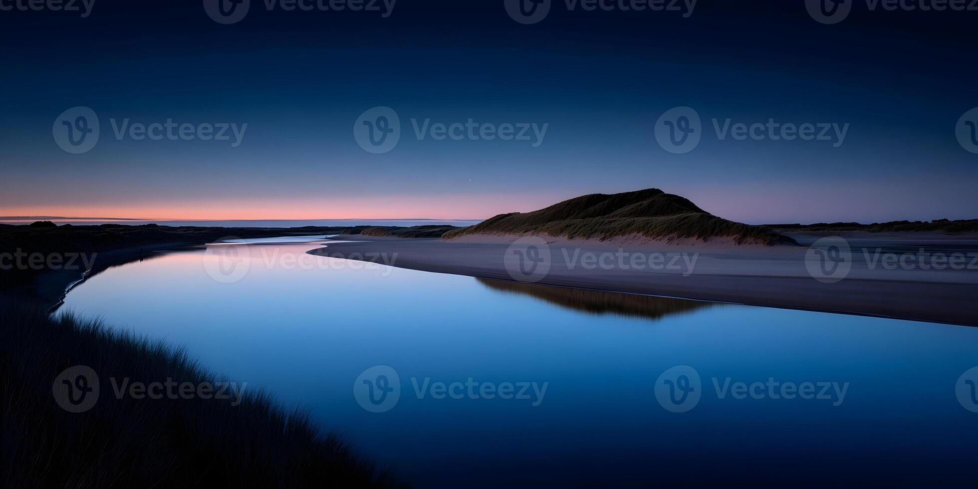 Serene Sunset over Coastal River and Sand Dunes Peaceful Beach Landscape Scenery photo