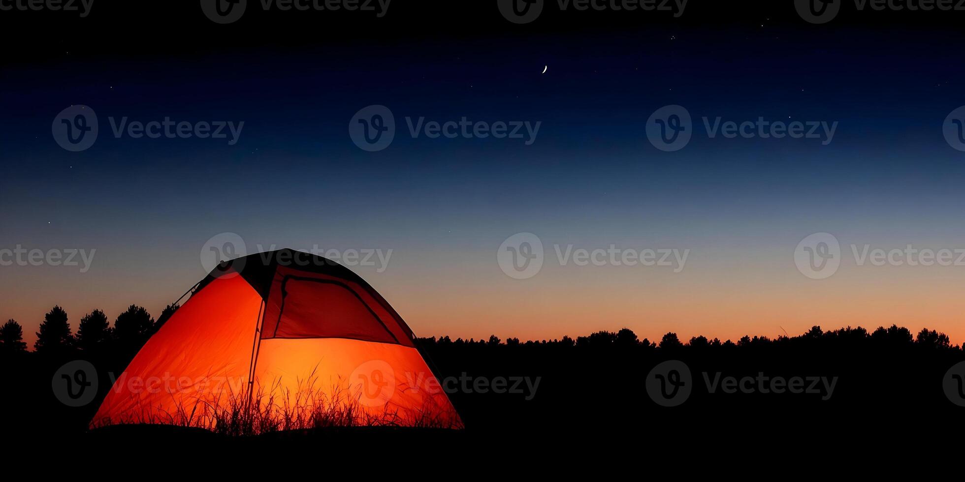 Illuminated Camping Tent Night Sky Stars Moon Forest Landscape photo