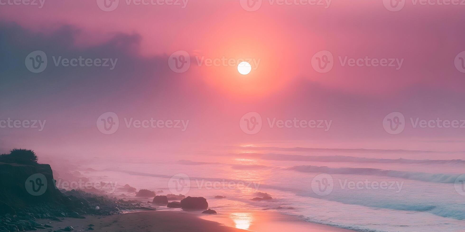 Pink Sunrise Ocean Beach Foggy Landscape photo