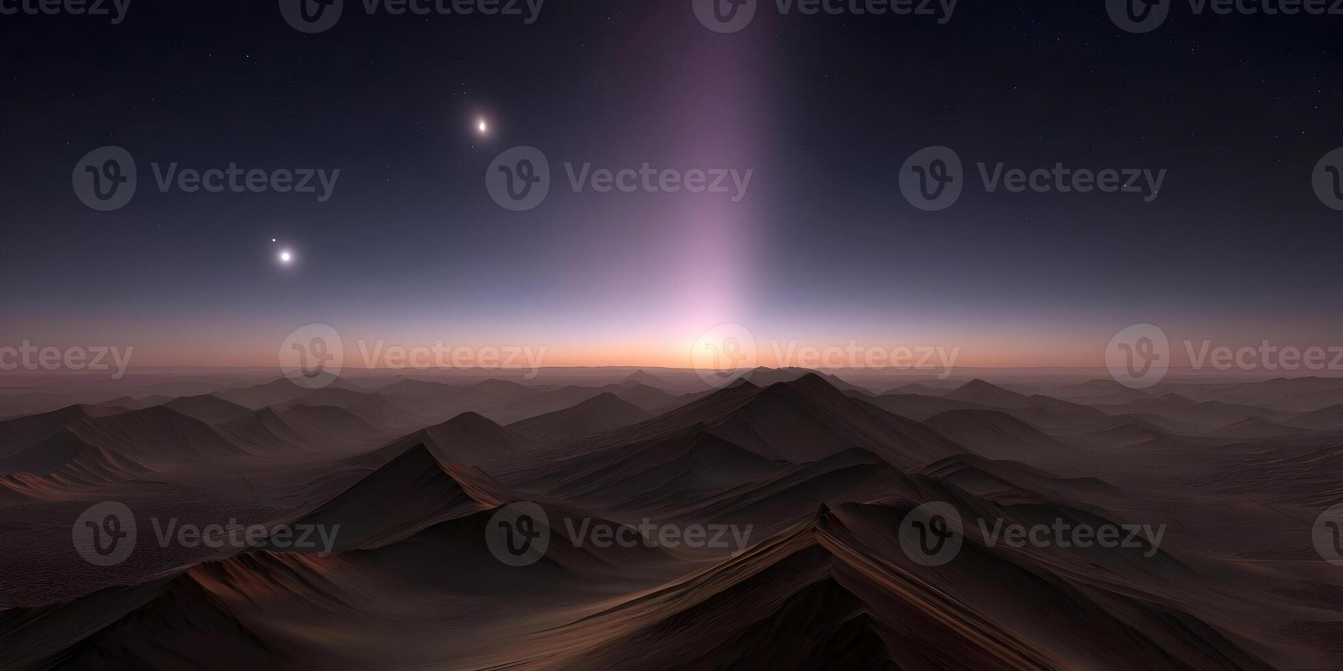 Alien Planet Sunset Mountain Landscape Dark Brown Mountains Stars Night Sky Pink Purple Light Rays photo