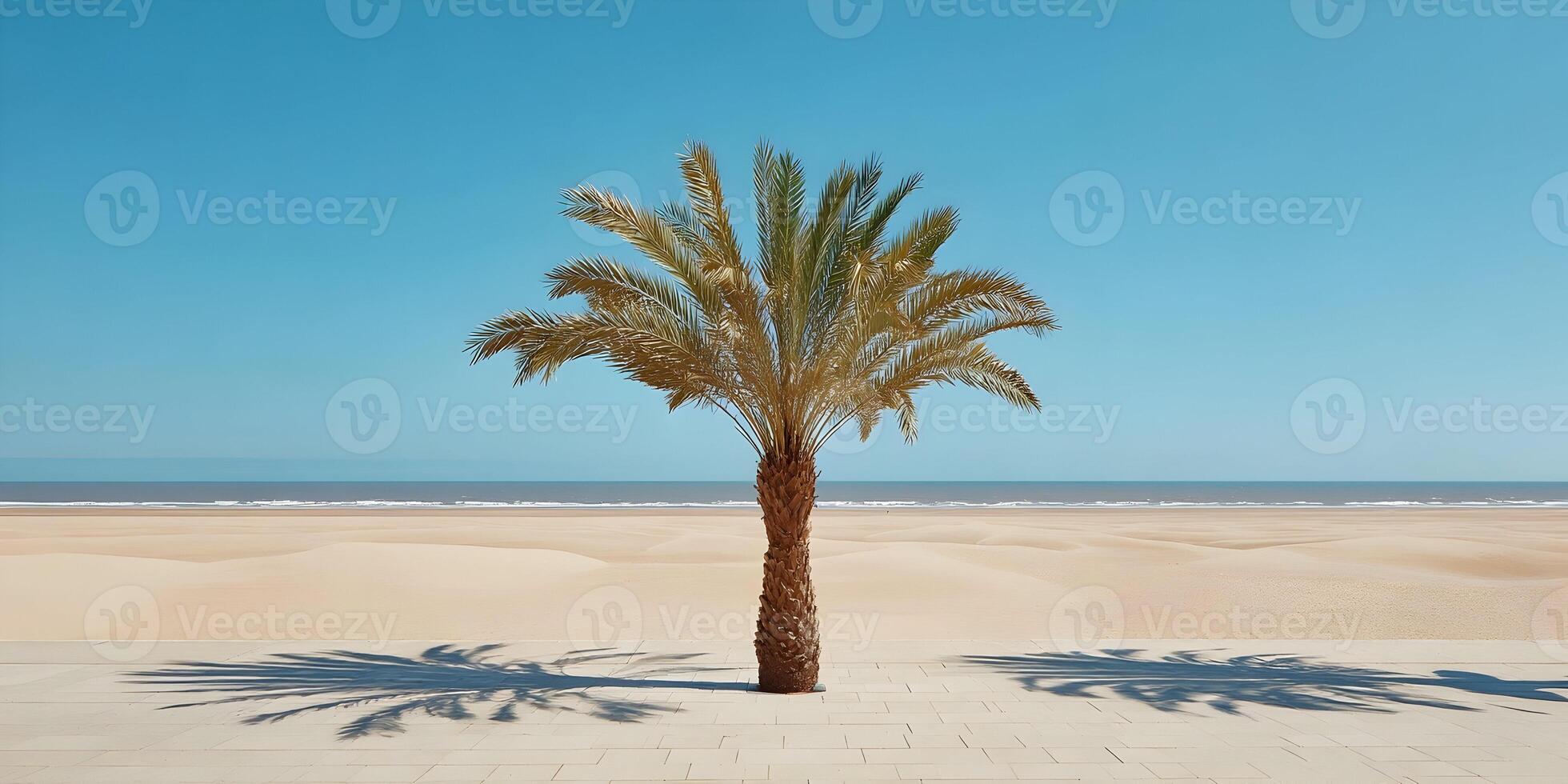 Single Palm Tree on Sandy Beach Minimalist Summer Vacation Scene photo